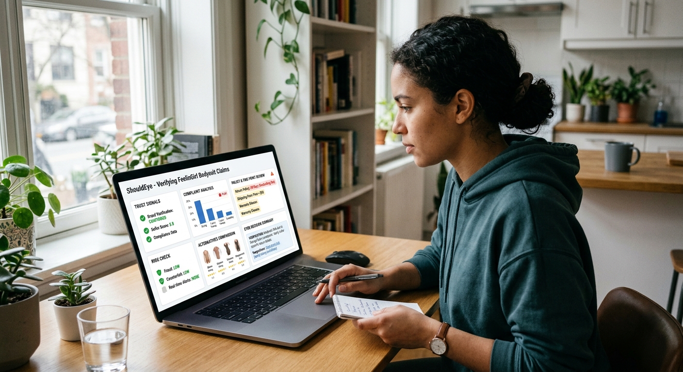 A woman uses a laptop in a kitchen to view a "ShouldEye" verification dashboard and analyze risk data.