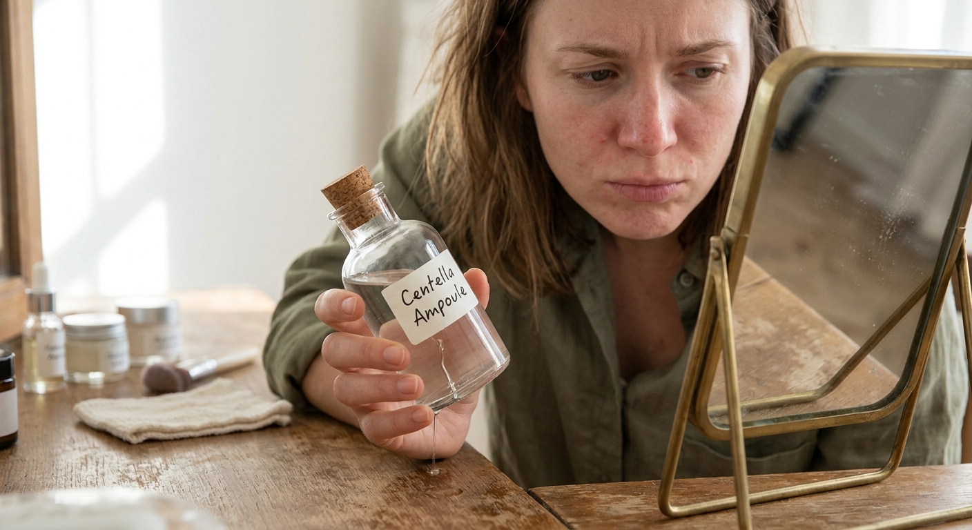 A woman with red skin is examining herself in a gold-framed mirror on a wooden desk. She holds a leaking Centella Ampoule.