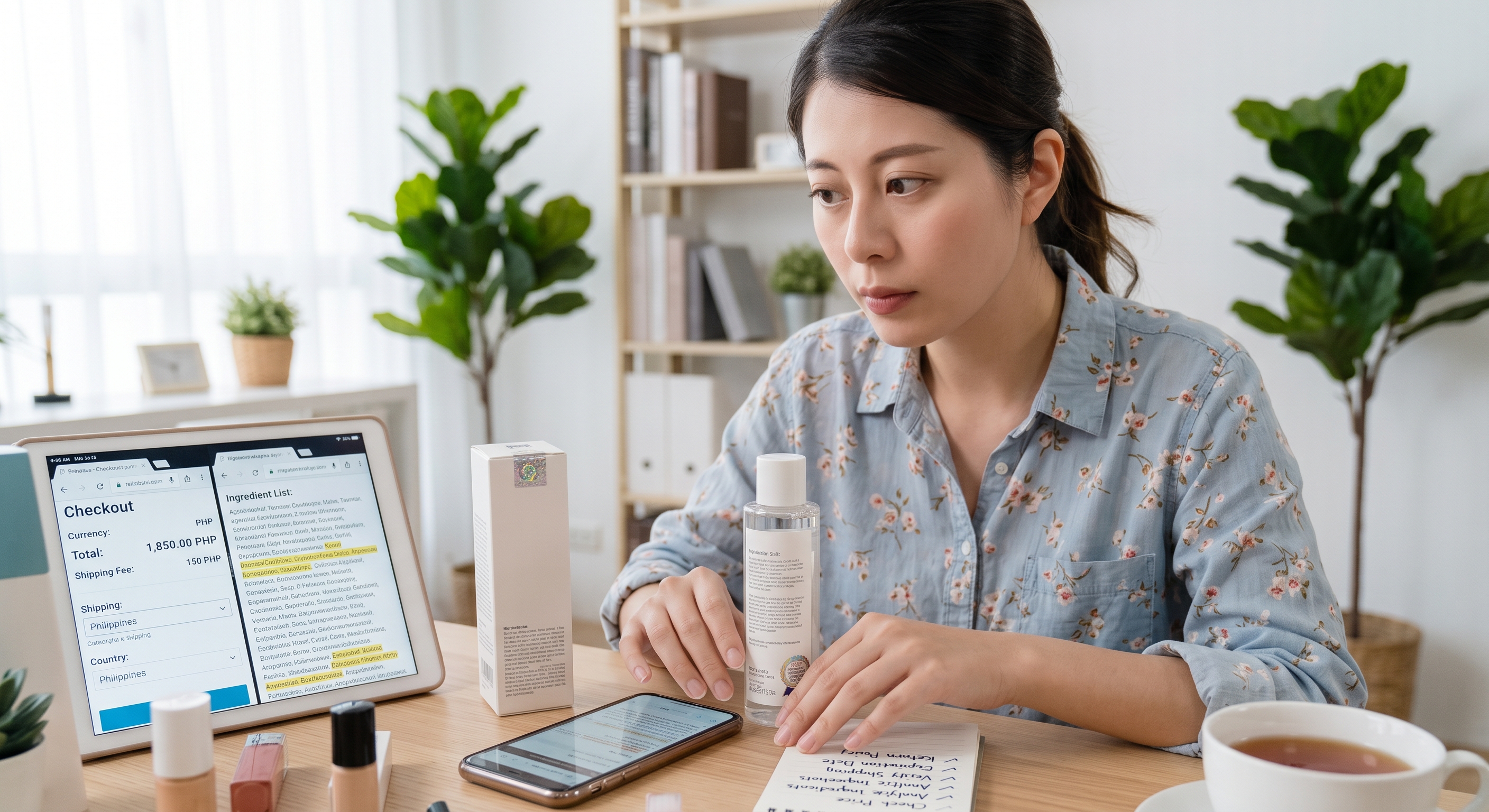 A woman sitting at a table looks at a cosmetic product and the checkout details on a tablet.