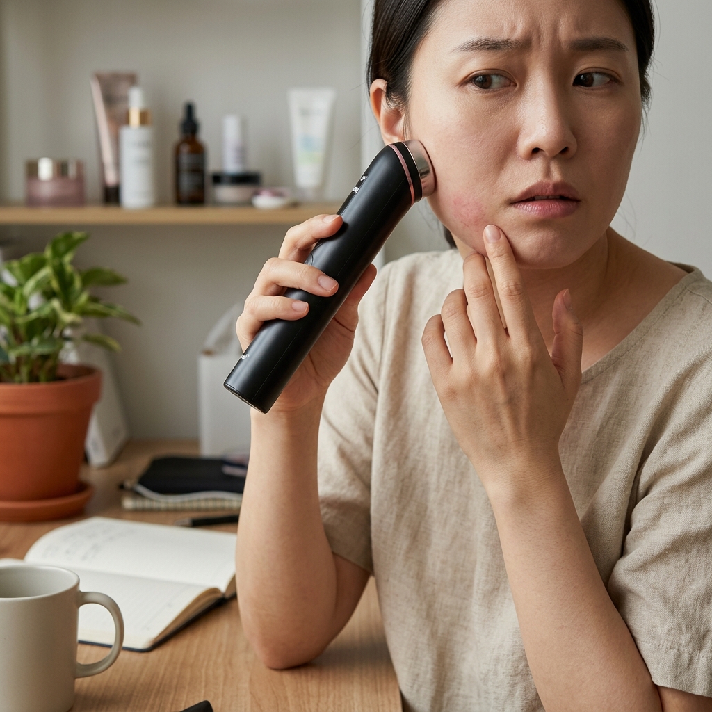 A woman with a worried expression, touching skin irritation on her cheek, holding a beauty device at her desk.
