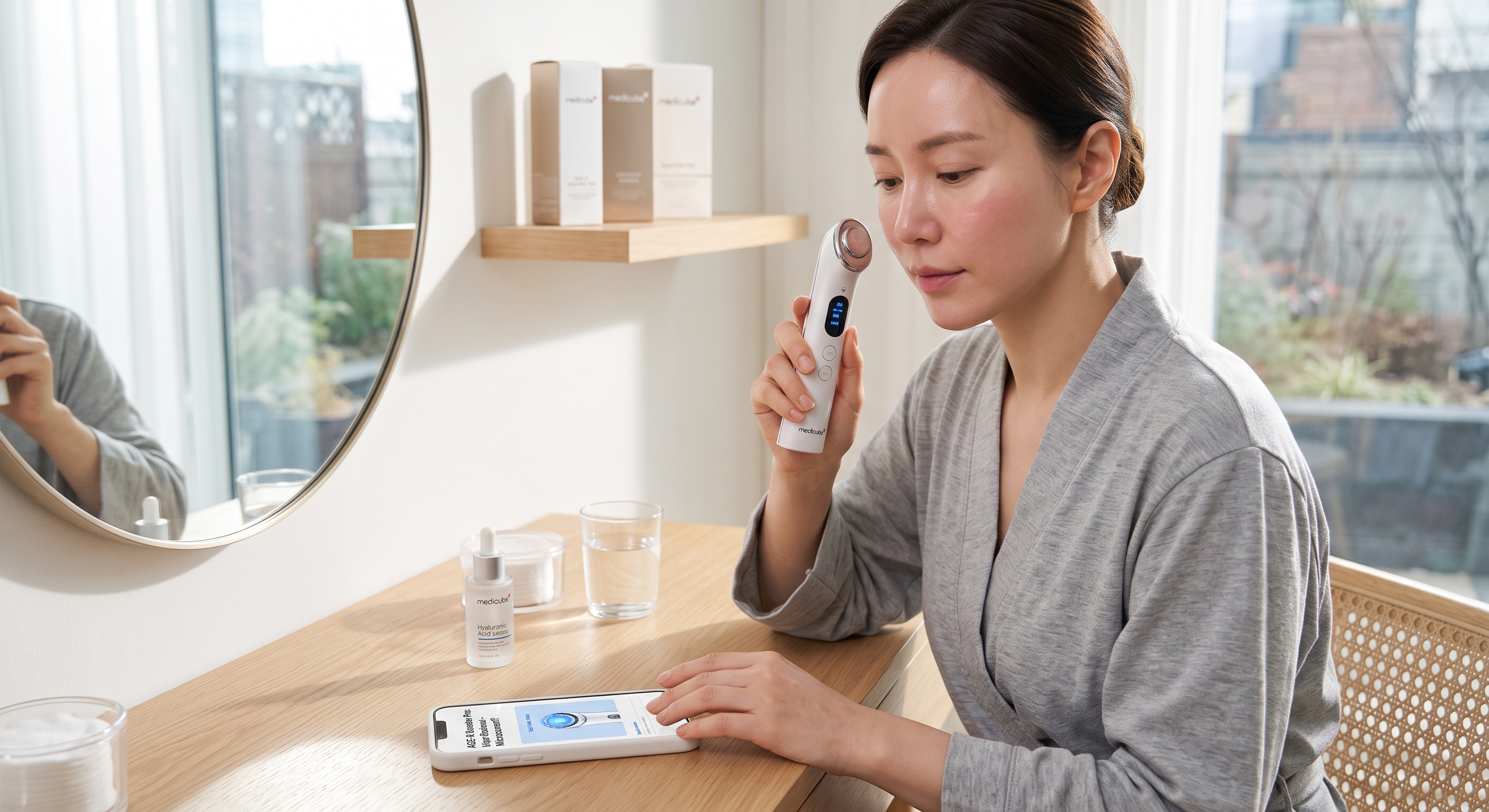 A woman in a robe uses the Medicube AGE-R Booster Pro device on her face at a bright, minimal vanity table.