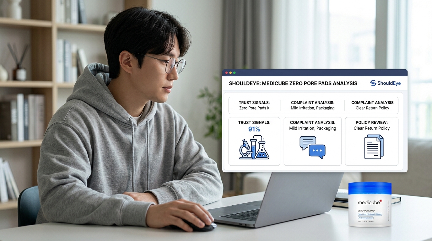 A person with a grey hoodie and glasses looks at a laptop displaying a ShouldEye dashboard analyzing Medicube Zero Pore Pads.