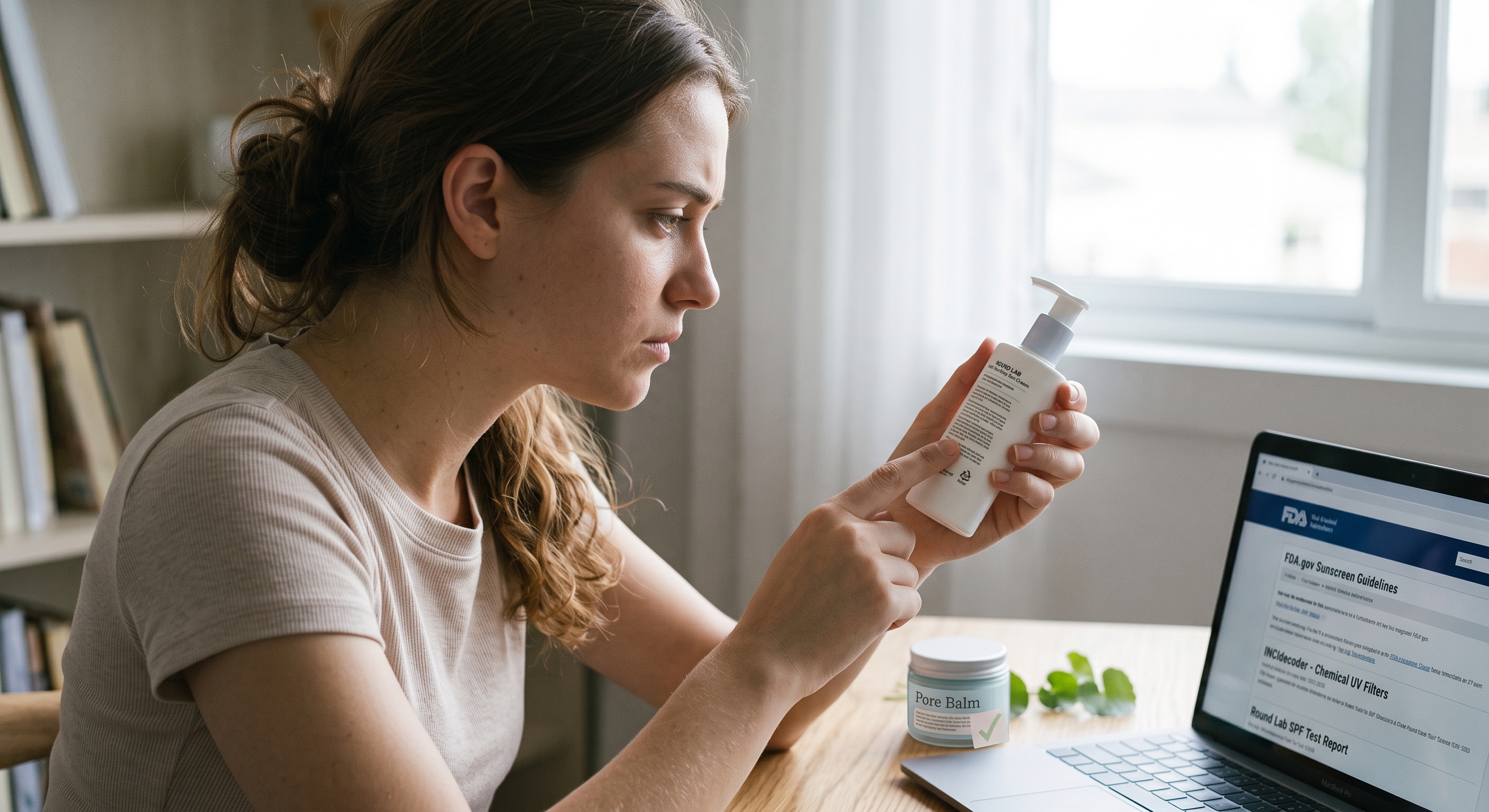 Woman holding sunscreen bottle, examining label details while researching regulatory guidelines on a laptop.