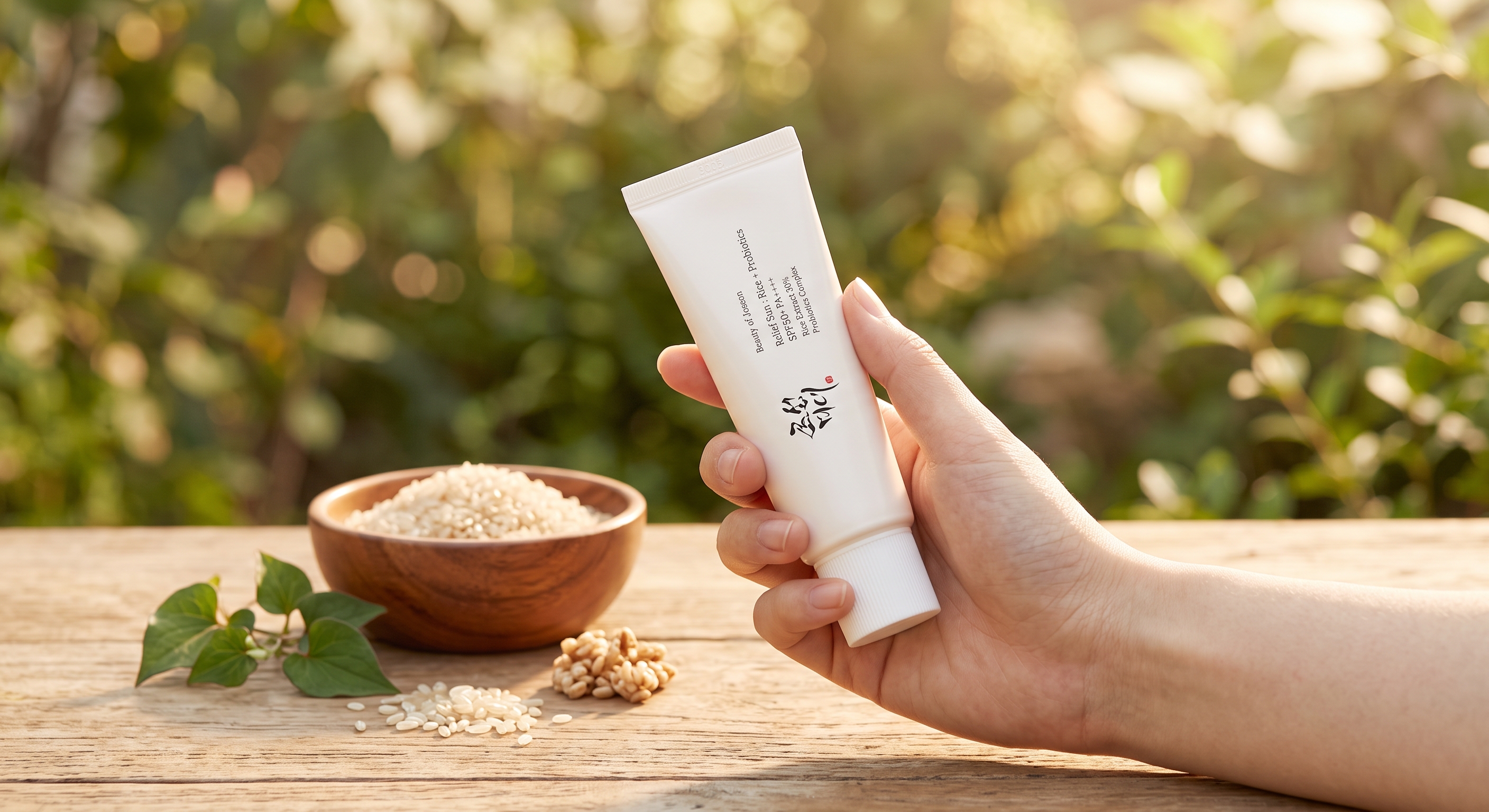 A hand holds a tube of Beauty of Joseon sunscreen on a wooden table, next to a bowl of rice and plants in a sunlit garden.