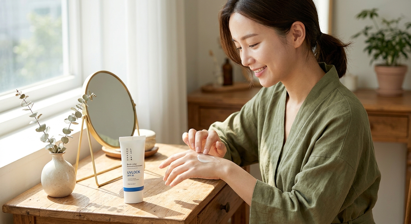 A smiling woman with dark hair applies sunscreen from a white tube onto the back of her hand at a well-lit wooden table.