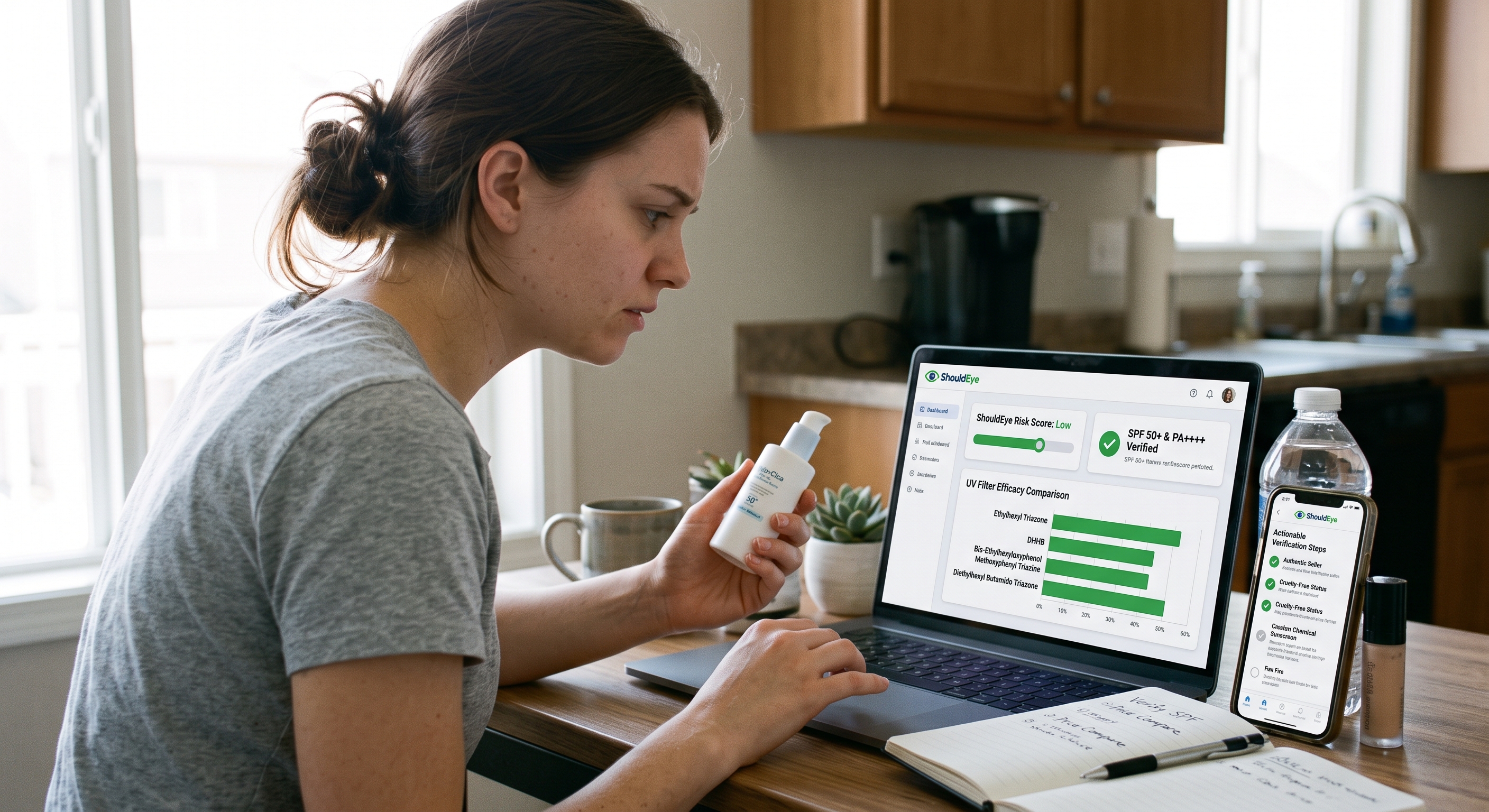Woman at desk holding sun serum bottle, checking ShouldEye dashboard on laptop showing SPF analysis and risk score.