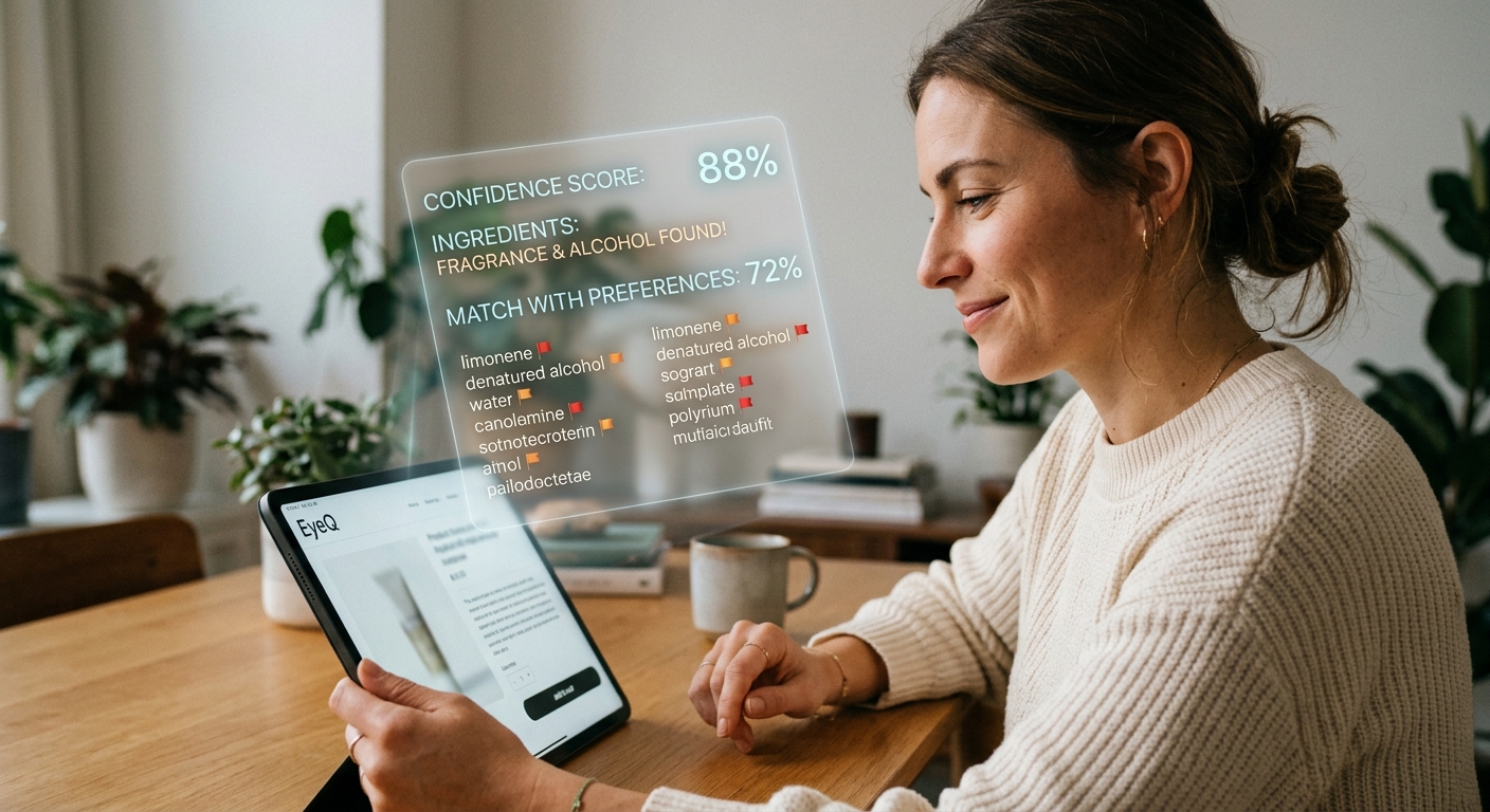 A woman uses a tablet while a holographic display shows skincare ingredients with ratings, percentages, and alerts.