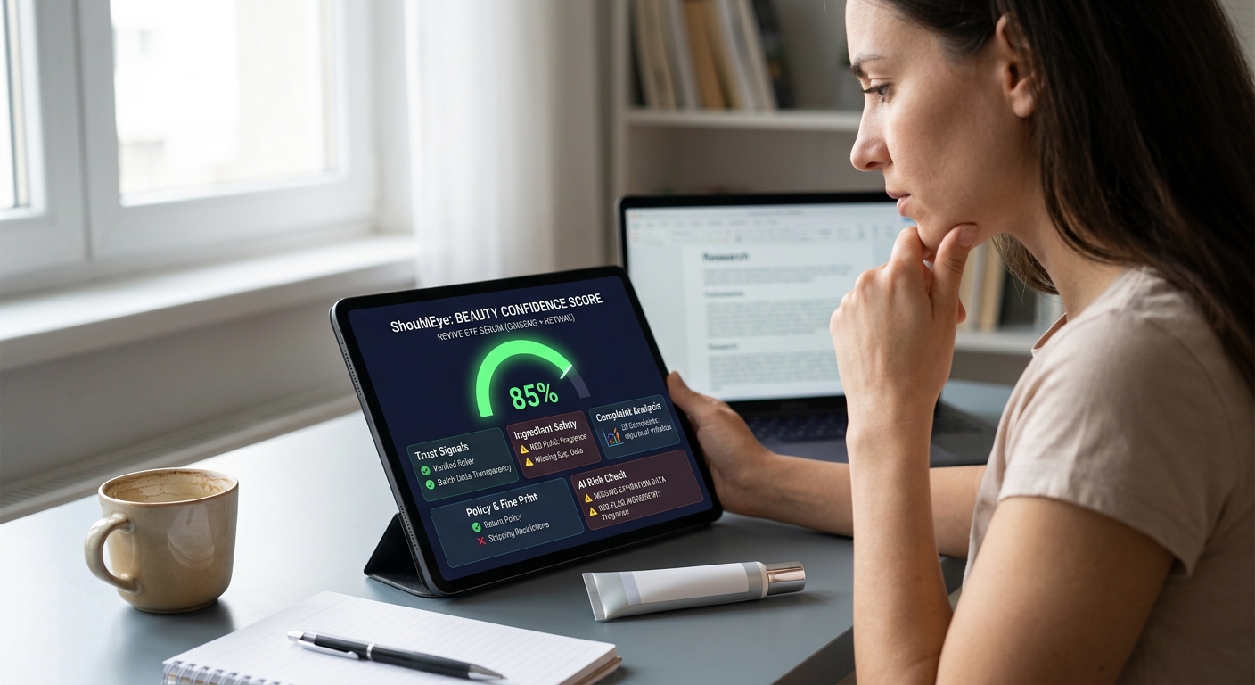 A person looks at a tablet displaying a ShouldEye beauty confidence score and data dashboard for a Revive Eye Serum.