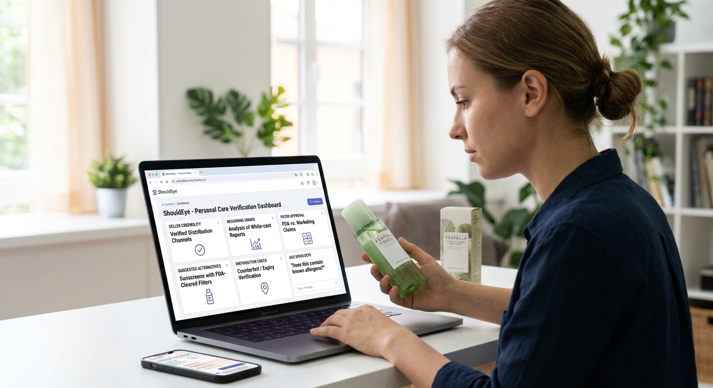 Woman holding sunscreen bottle near laptop showing ShouldEye personal care verification dashboard for product analysis.