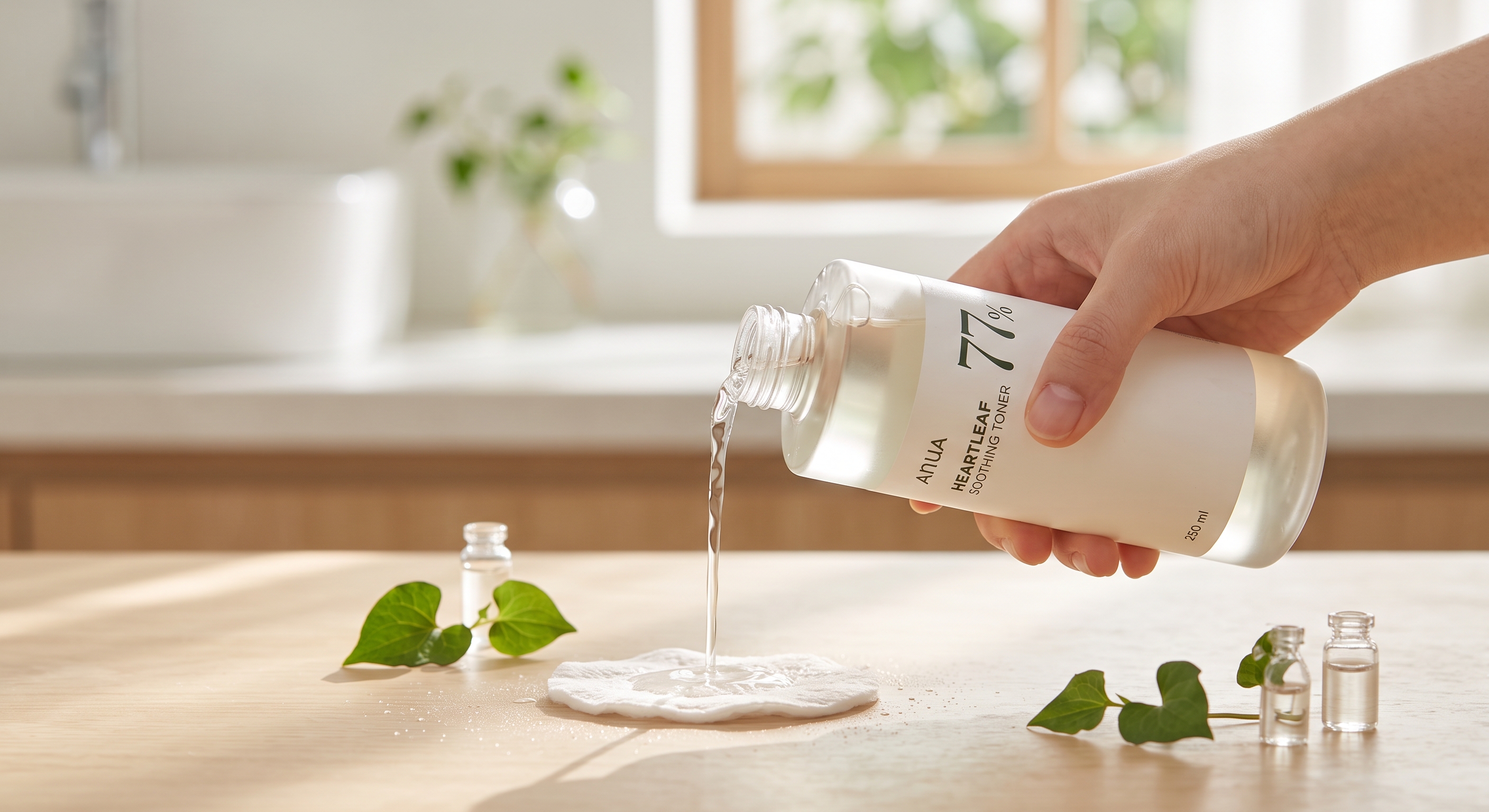 A hand pours clear Anua Heartleaf 77% Soothing Toner from a bottle onto a cotton pad near green heart-leaf sprigs.