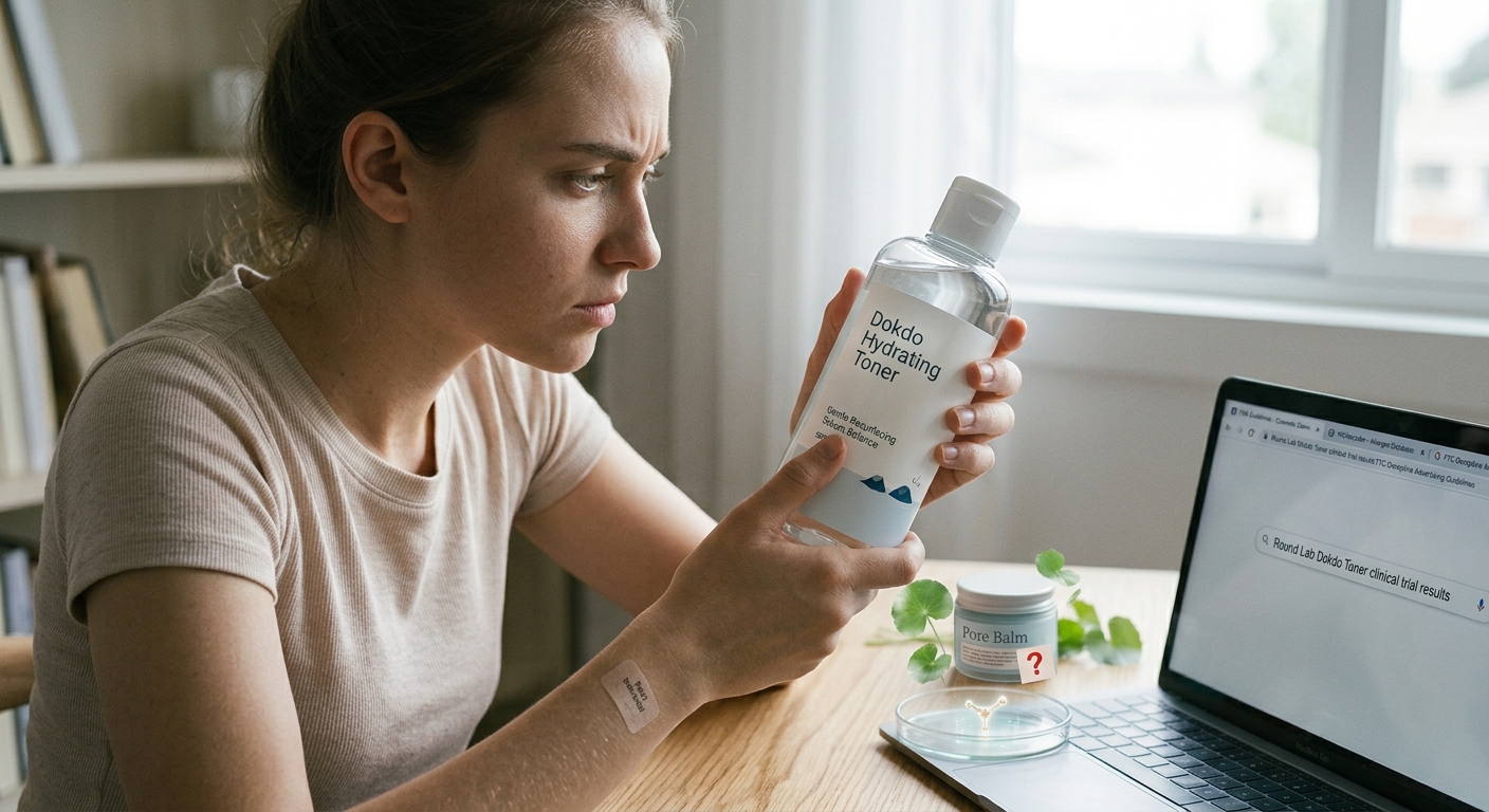 Woman at a desk critically examines the label of a Round Lab Dokdo Toner bottle, cross-referencing with a laptop search for clinical results.