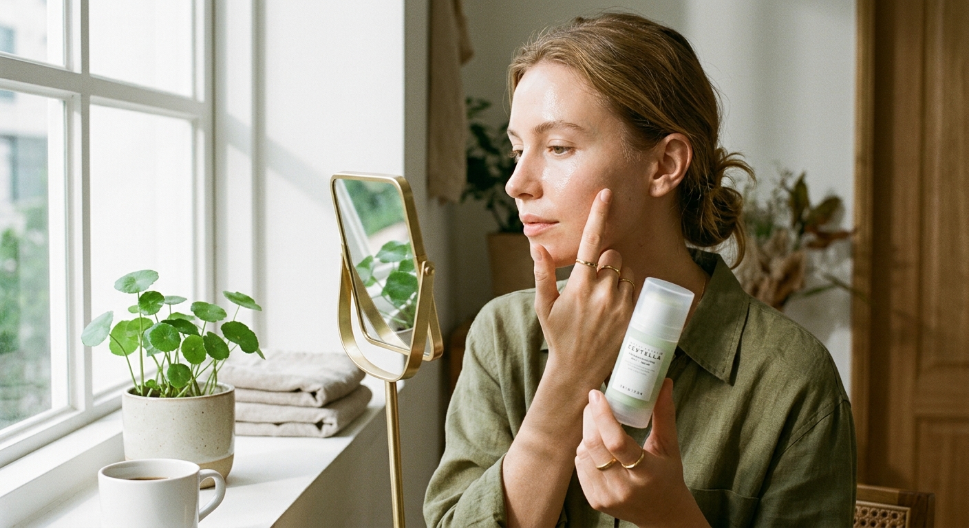 A woman by a window with a green plant applies skin serum from a stick while holding a gold hand mirror.