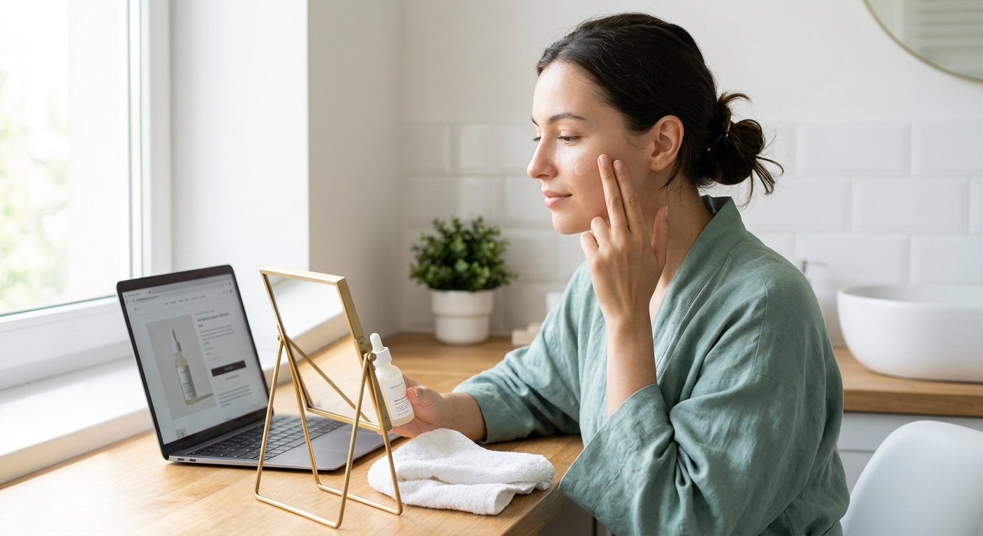 A woman applies facial serum while viewing a tutorial on her laptop in a sunny bathroom.