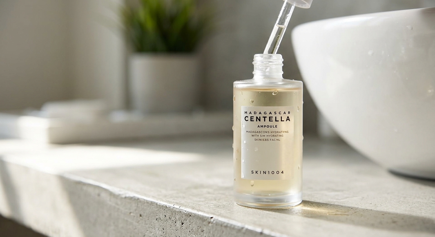 SKIN1004 Madagascar Centella Ampoule bottle on a bathroom counter with a glass dropper lifting clear liquid above it.