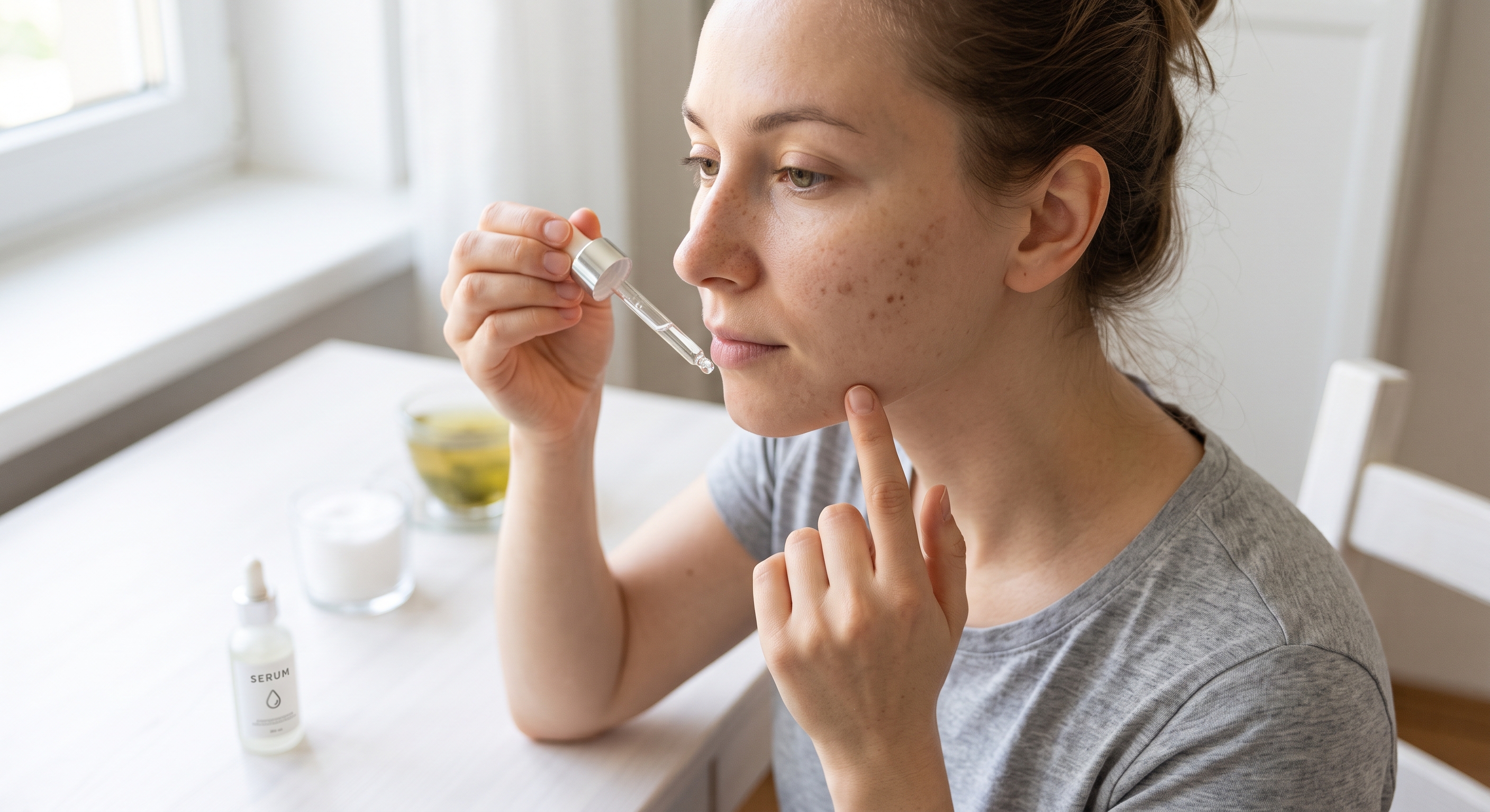 A woman with acne uses a dropper to apply serum to her face at a bright table, pointing to a spot.