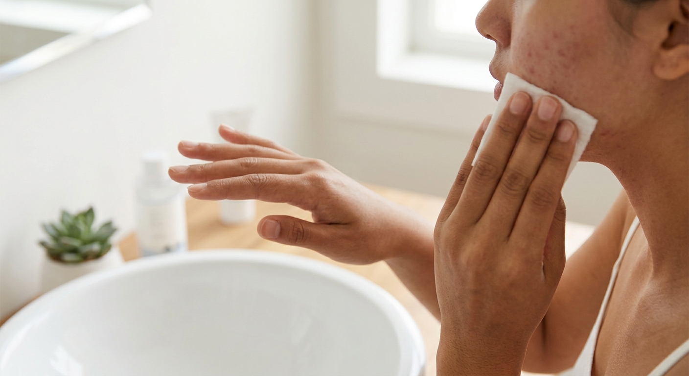 A person with acne cleanses their cheek with a cotton pad in a bathroom. A hand hovers nearby.