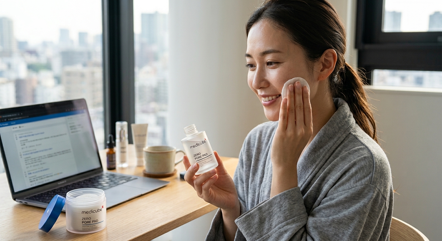 Smiling woman applying a skincare pad to her face at a desk with Medicube Zero Pore Pads and a laptop.
