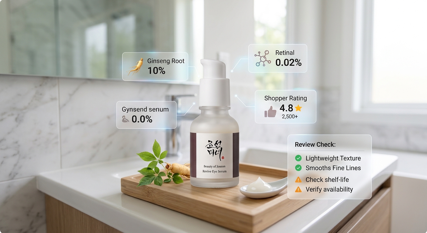 Beauty of Joseon Revive Eye Serum on a bamboo tray in a bathroom with floating informational graphic overlays.