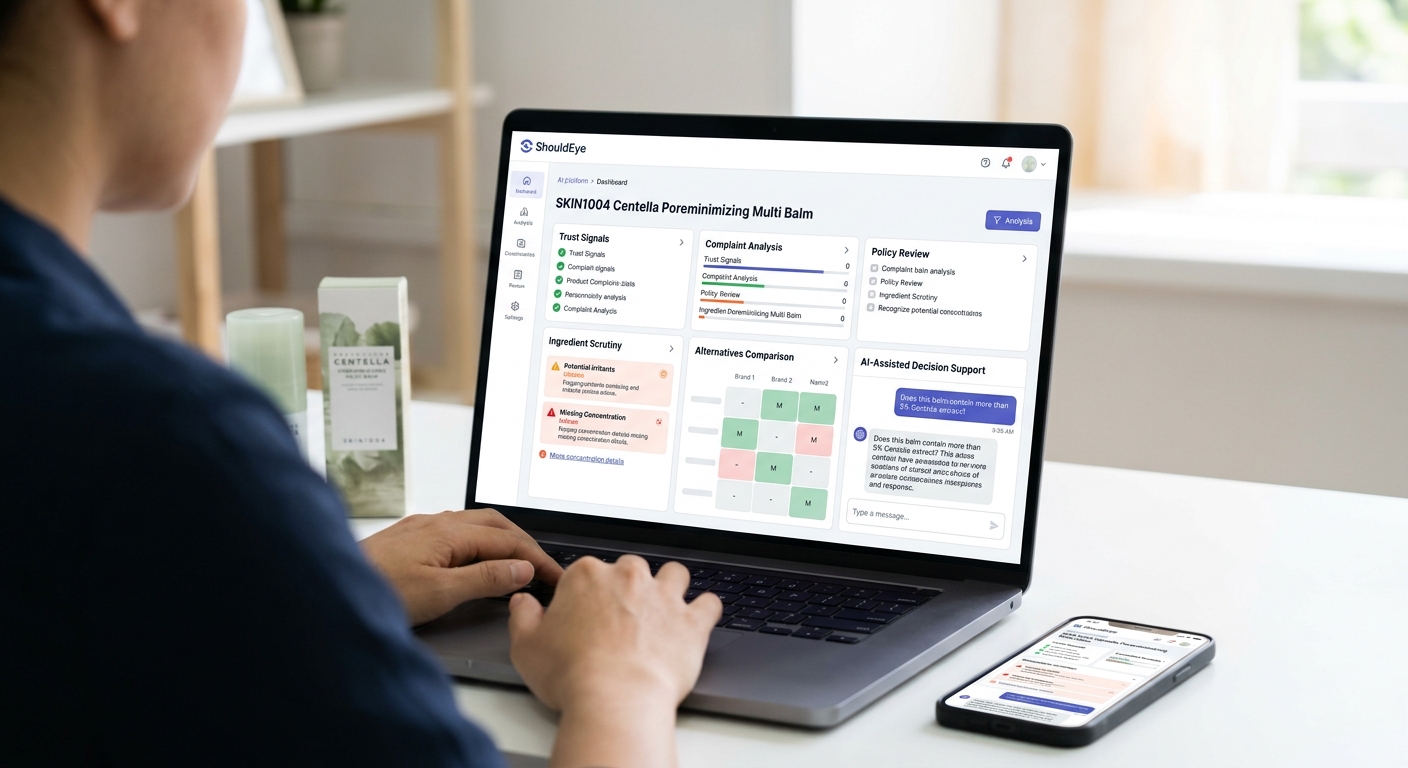 Laptop on a desk displaying the ShouldEye AI platform dashboard analyzing SKIN1004 skincare product features and data.