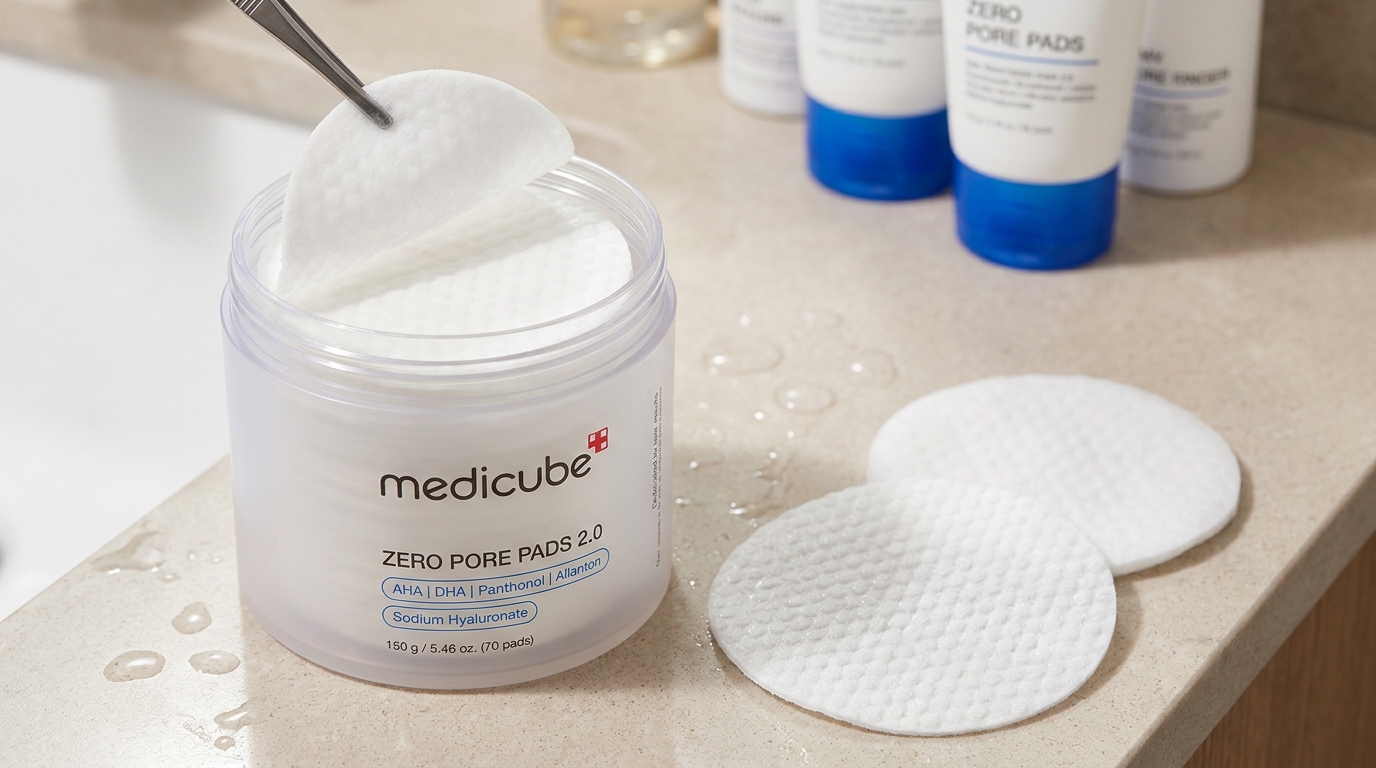 An open jar of Medicube Zero Pore Pads 2.0 with a pad being lifted, next to other pads and bottles in a bathroom.