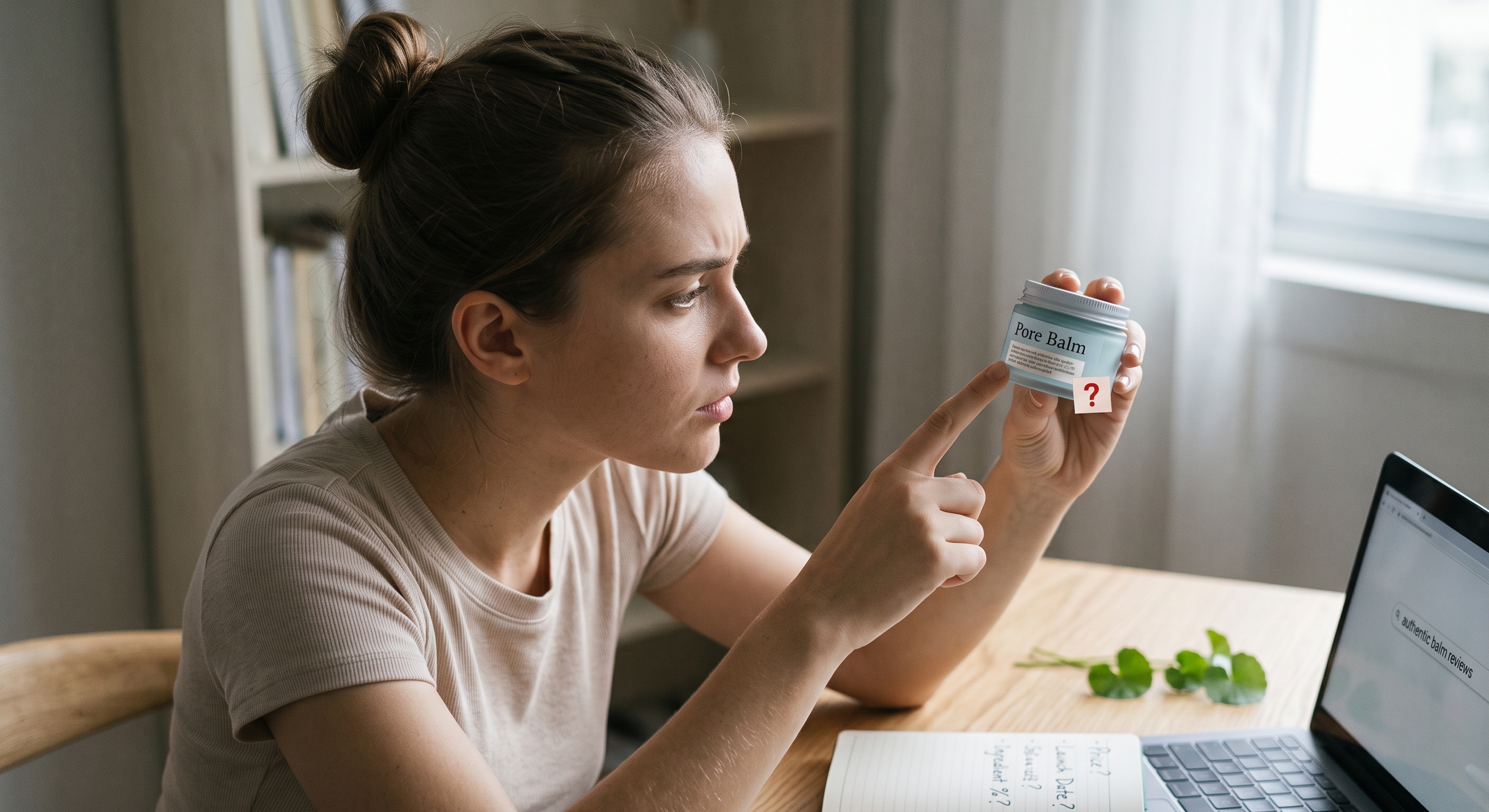 Woman scrutinizing a Pore Balm container label for missing details like launch date and ingredient percentages.