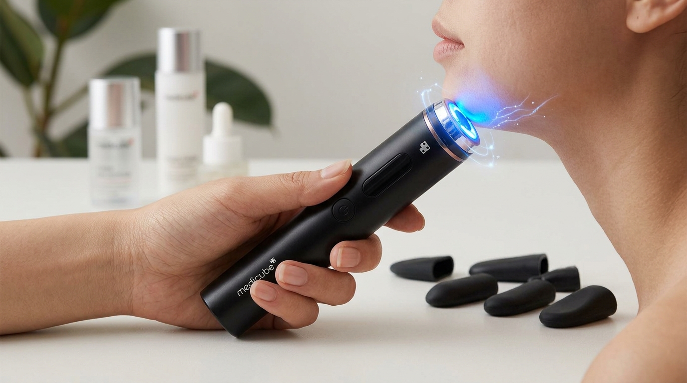 Hand holding a sleek Medicube AGE-R Booster Pro device with glowing blue LED light against face, with accessories nearby.