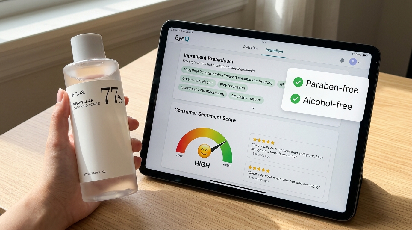 A bottle of Anua Heartleaf 77% Soothing Toner next to a tablet displaying an ingredient analysis and consumer sentiment score.