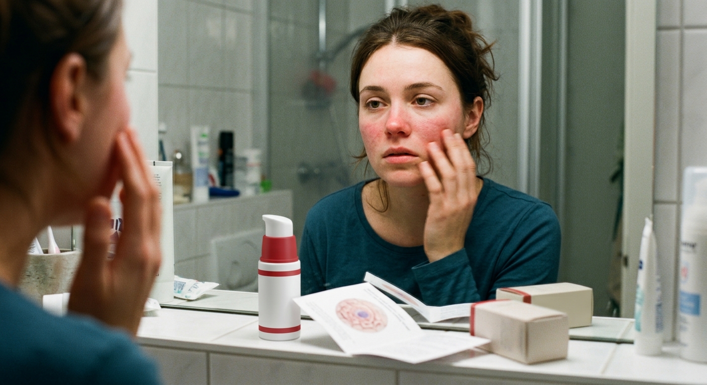 A woman looks concerned in a bathroom mirror, touching her red, irritated cheek, next to a serum bottle and pamphlets.