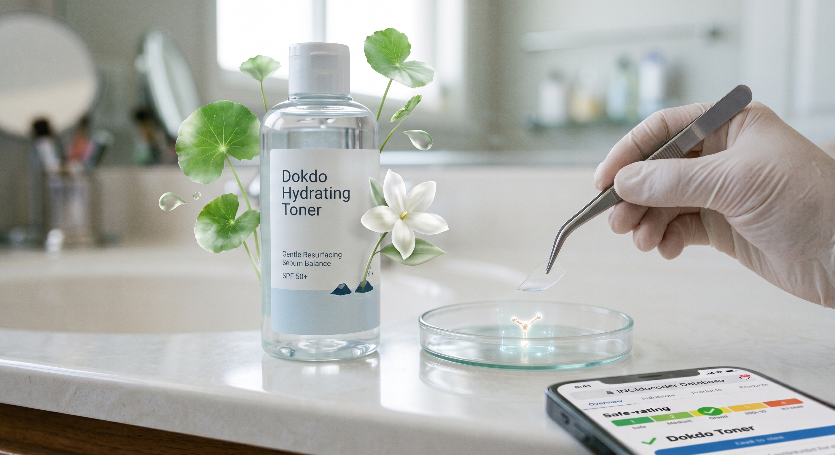 Gloved hand with tweezers over petri dish beside Dokdo Hydrating Toner bottle and smartphone ingredient database.