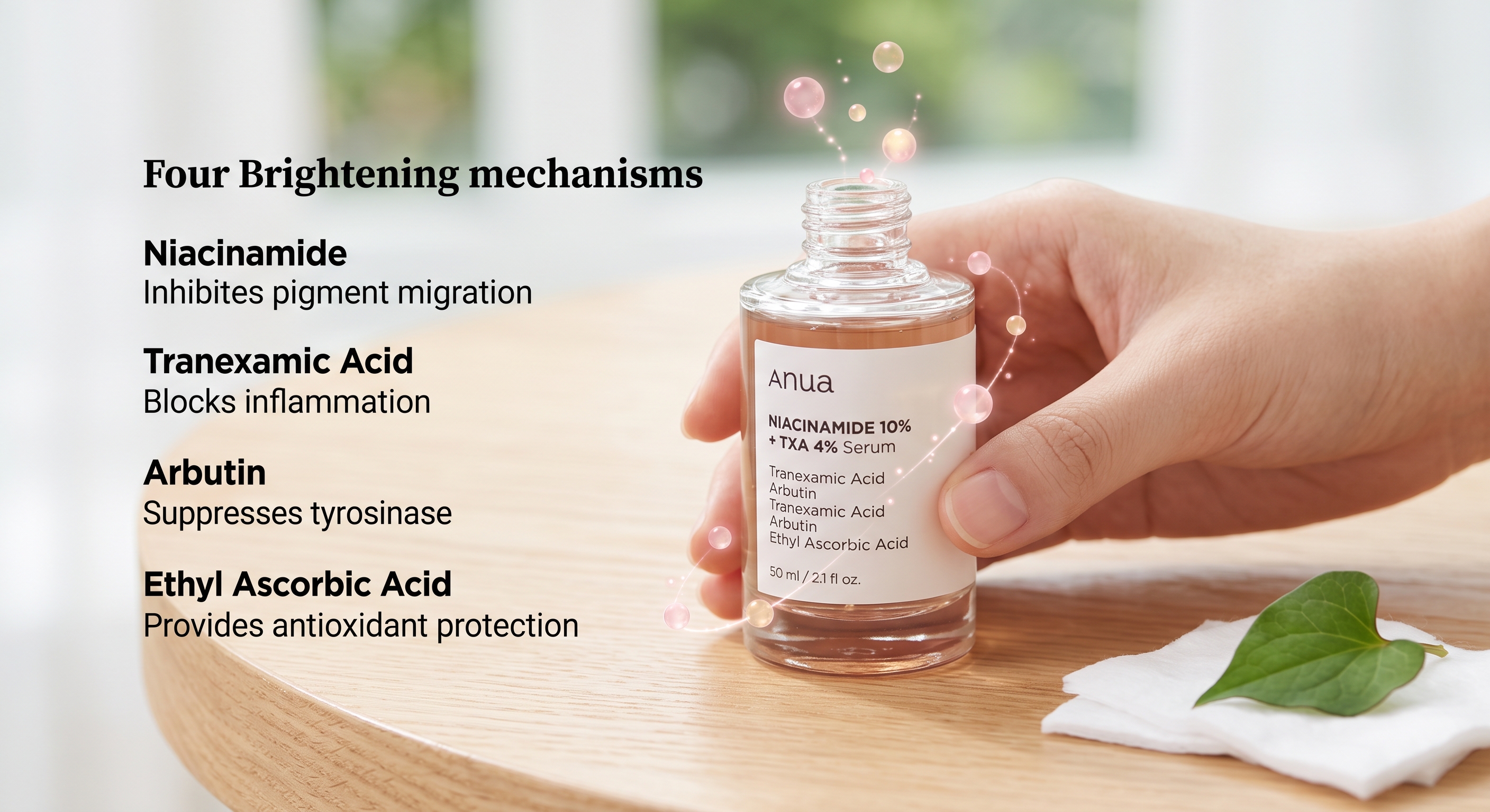 Anua Niacinamide + TXA serum bottle held by a hand on a table with a list of brightening mechanisms.