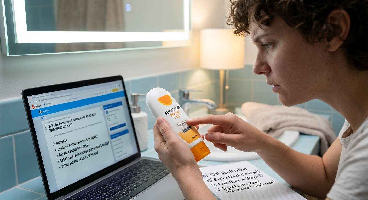 A close-up of a person at a desk, checking a sunscreen bottle while viewing red flags in reviews and a checklist.