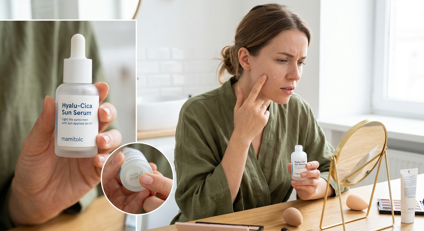 A woman applies a "Hyalu-Cica Sun Serum" in her bathroom. A separate shot shows the serum and its expiration date.