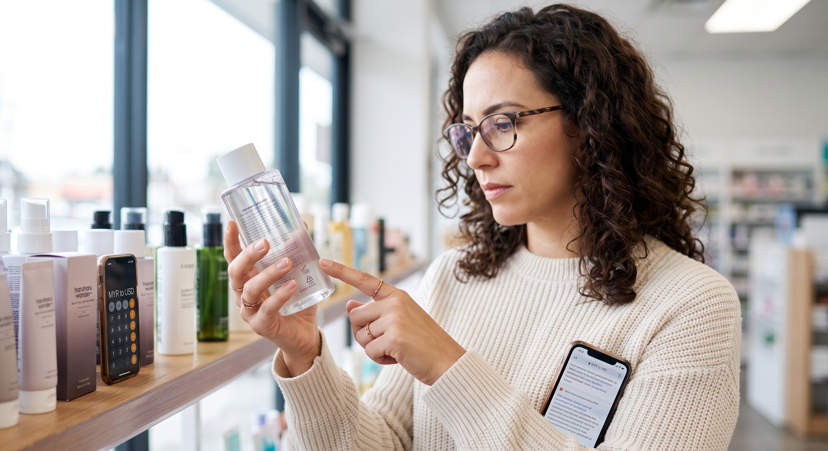 Woman with glasses examining the ingredient label on a skincare bottle in a store while holding a smartphone.