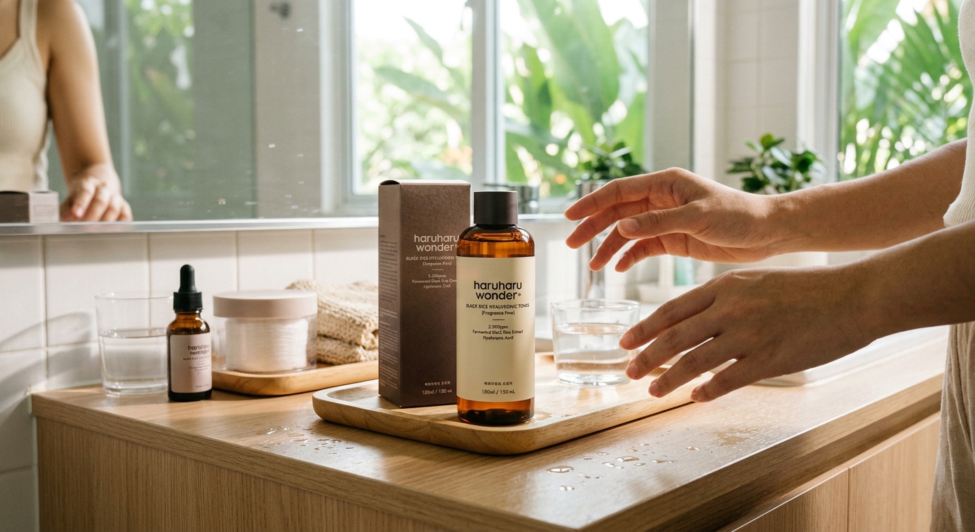 Hands reach for Haruharu Wonder Black Rice Hyaluronic Toner on a wooden bathroom vanity tray with water droplets.