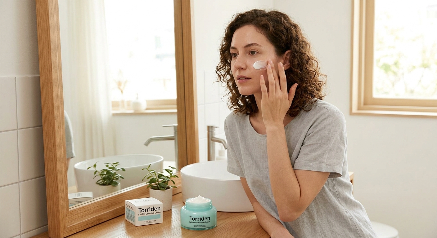 Woman with curly hair applies Torriden Solid In Ceramide Cream in a bright, modern bathroom setting with a wooden mirror.