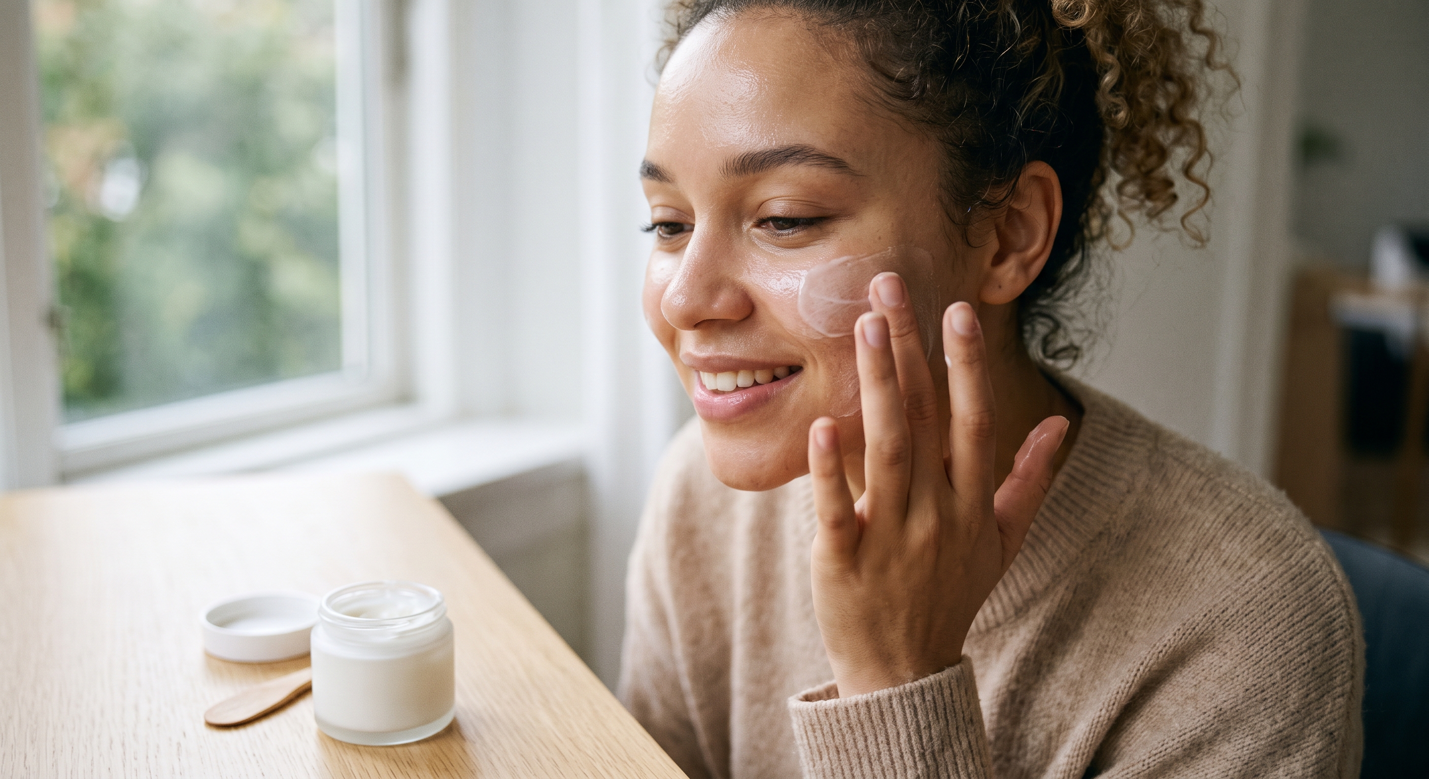 A smiling young woman applies face cream from a jar with her fingertips while sitting by a window.
