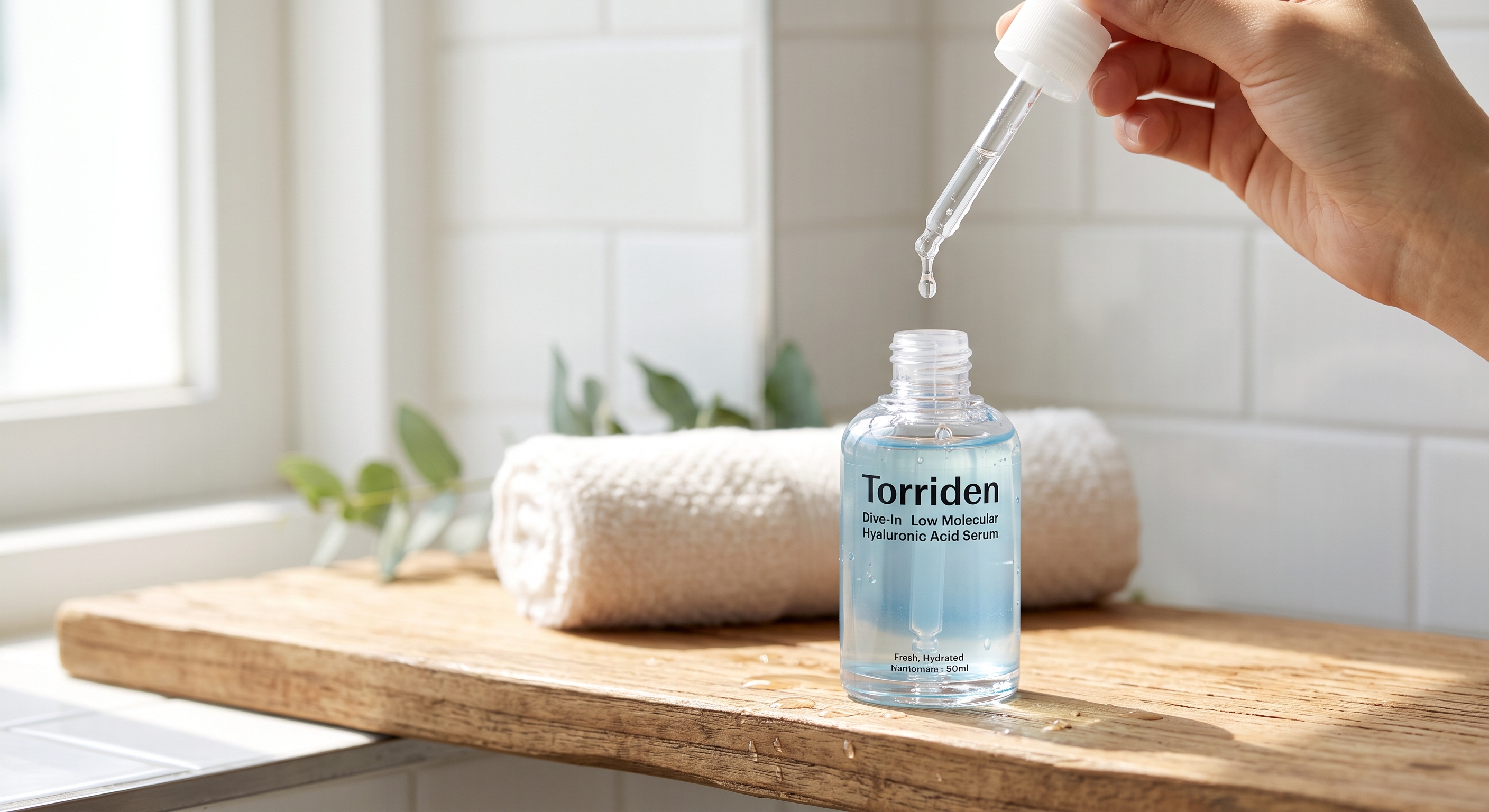 Hand holding a dropper above a bottle of Torriden Dive-In Hyaluronic Acid Serum on a wooden bath tray in natural light.
