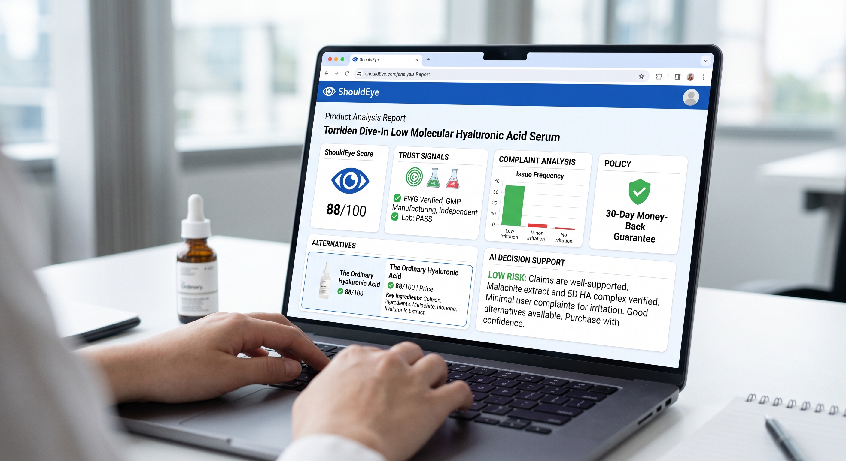 Laptop displaying a ShouldEye AI product analysis report for Torriden serum on a desk beside a skincare bottle.
