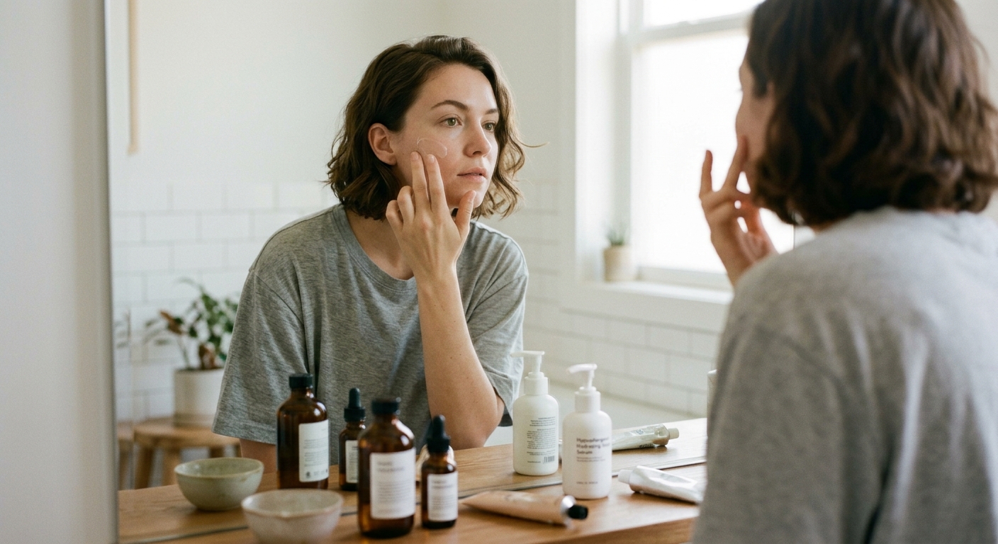 Woman with wavy hair gently applying lightweight hydrating serum to her cheek in front of a bathroom mirror with bottles.
