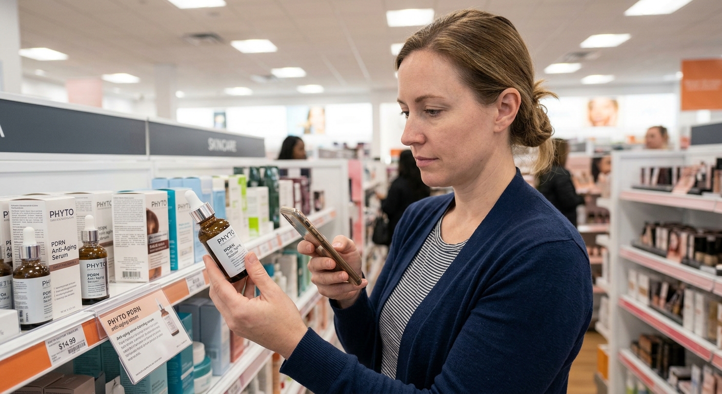 A woman in a beauty aisle holds a PHYTO PDRN serum bottle while checking her smartphone to verify ingredient details.