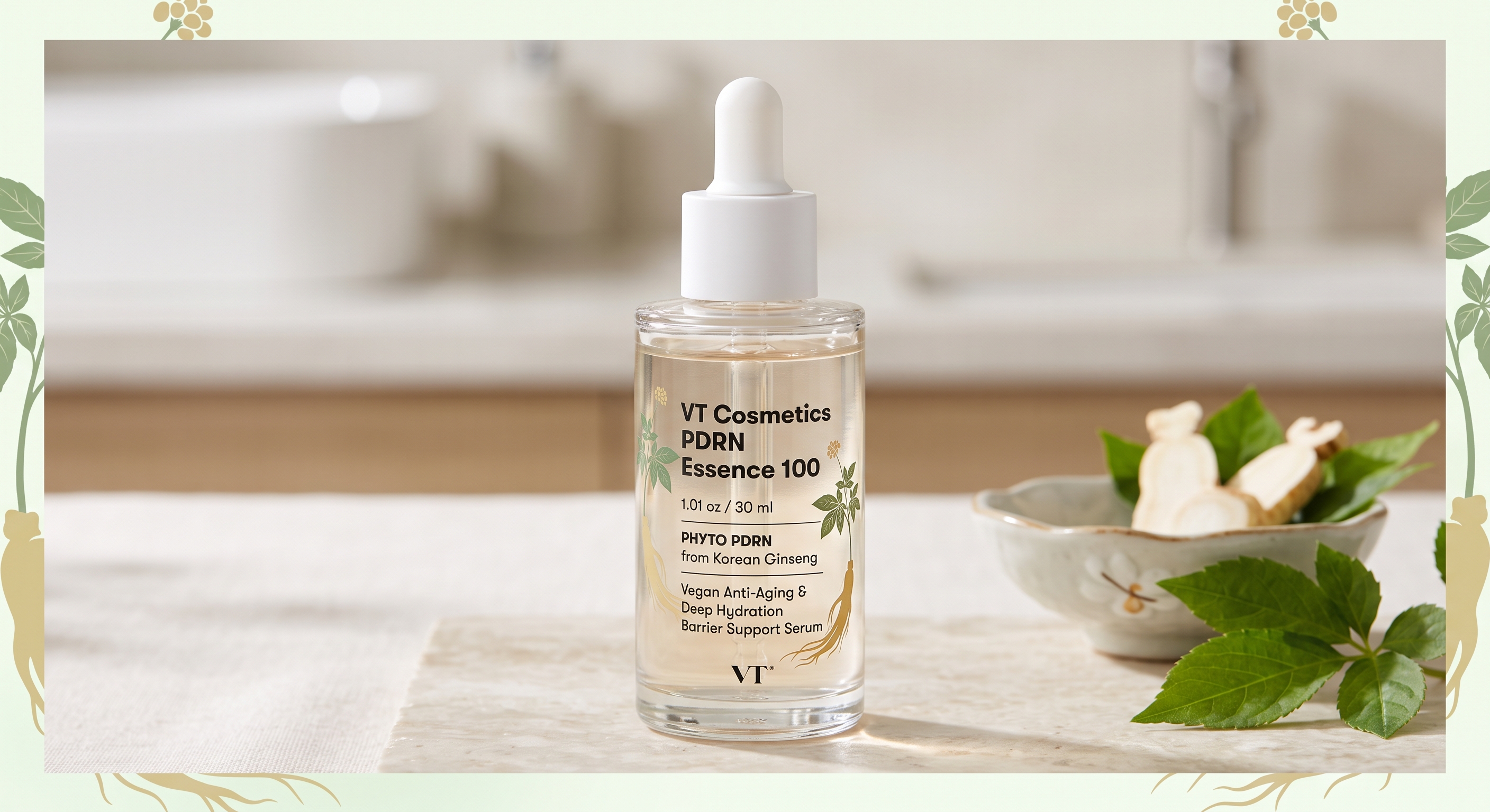 A 1.01 oz bottle of VT Cosmetics PDRN Essence 100 with a dropper cap sits on a counter next to fresh ginseng slices.