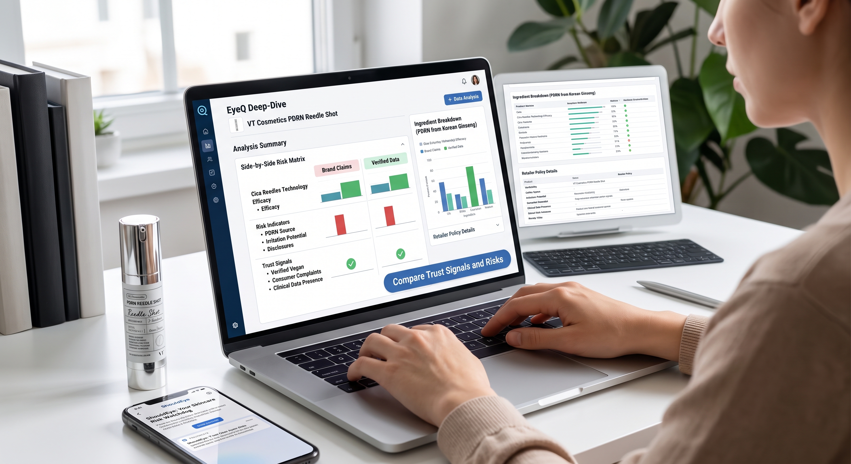 A person uses an EyeQ Deep-Dive dashboard on a laptop to analyze the VT Cosmetics PDRN Reedle Shot risk and ingredients.