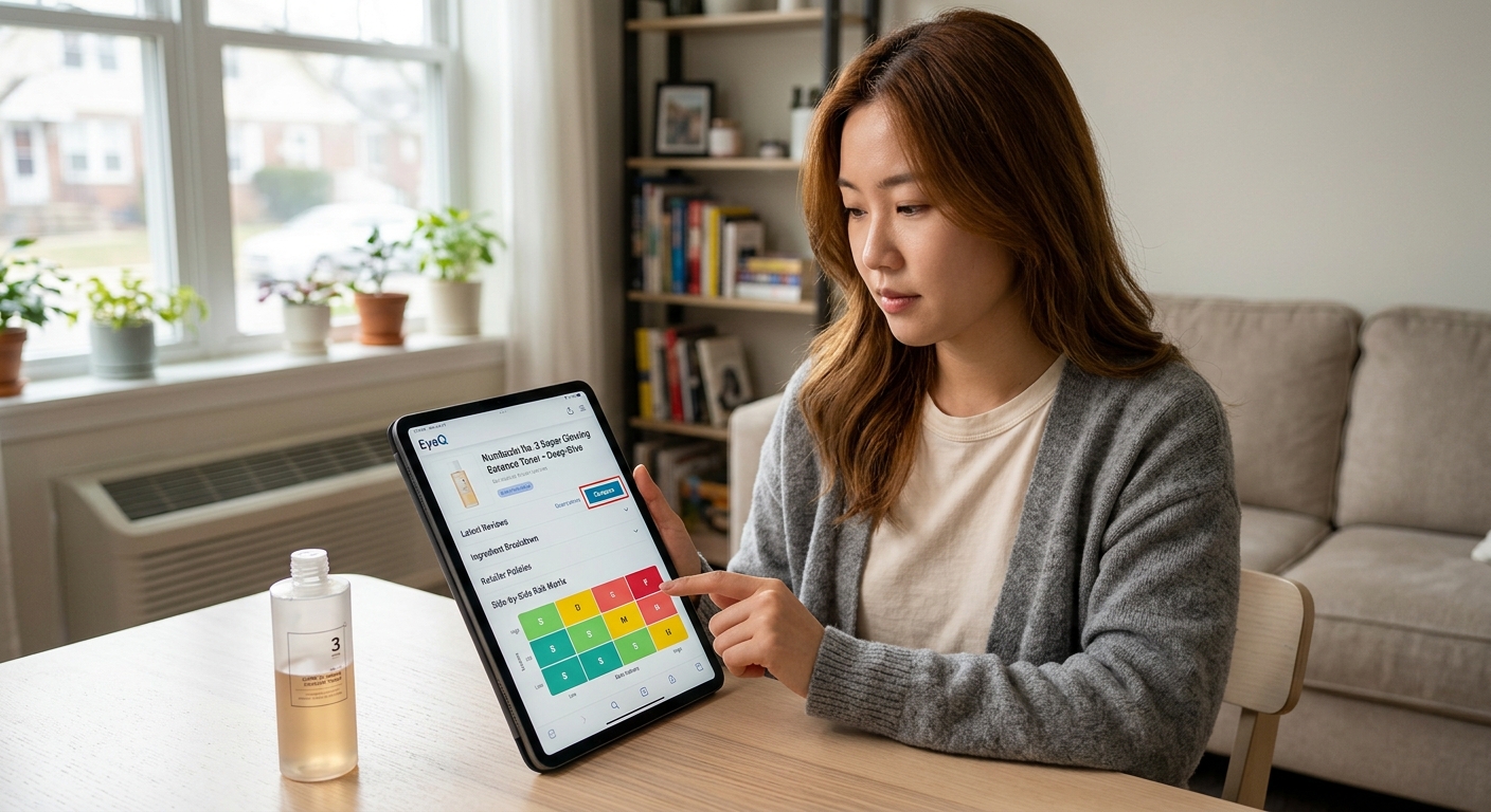 An Asian woman reviews "Numbuzin No. 3" serum details on a tablet with an EyeQ risk matrix.