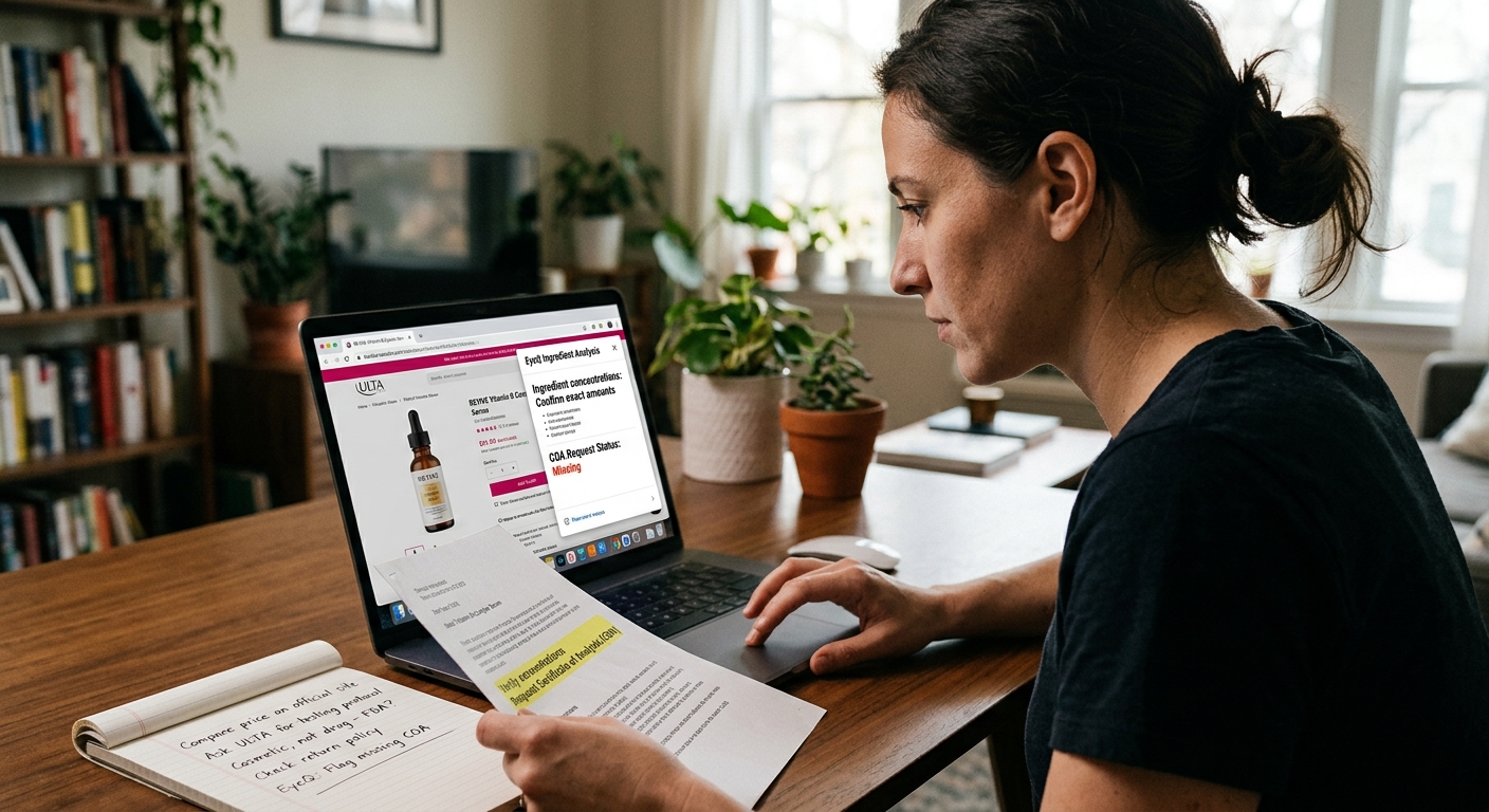 Woman at a desk reviewing a beauty product on a laptop, using an analysis tool and holding notes on ingredient safety.