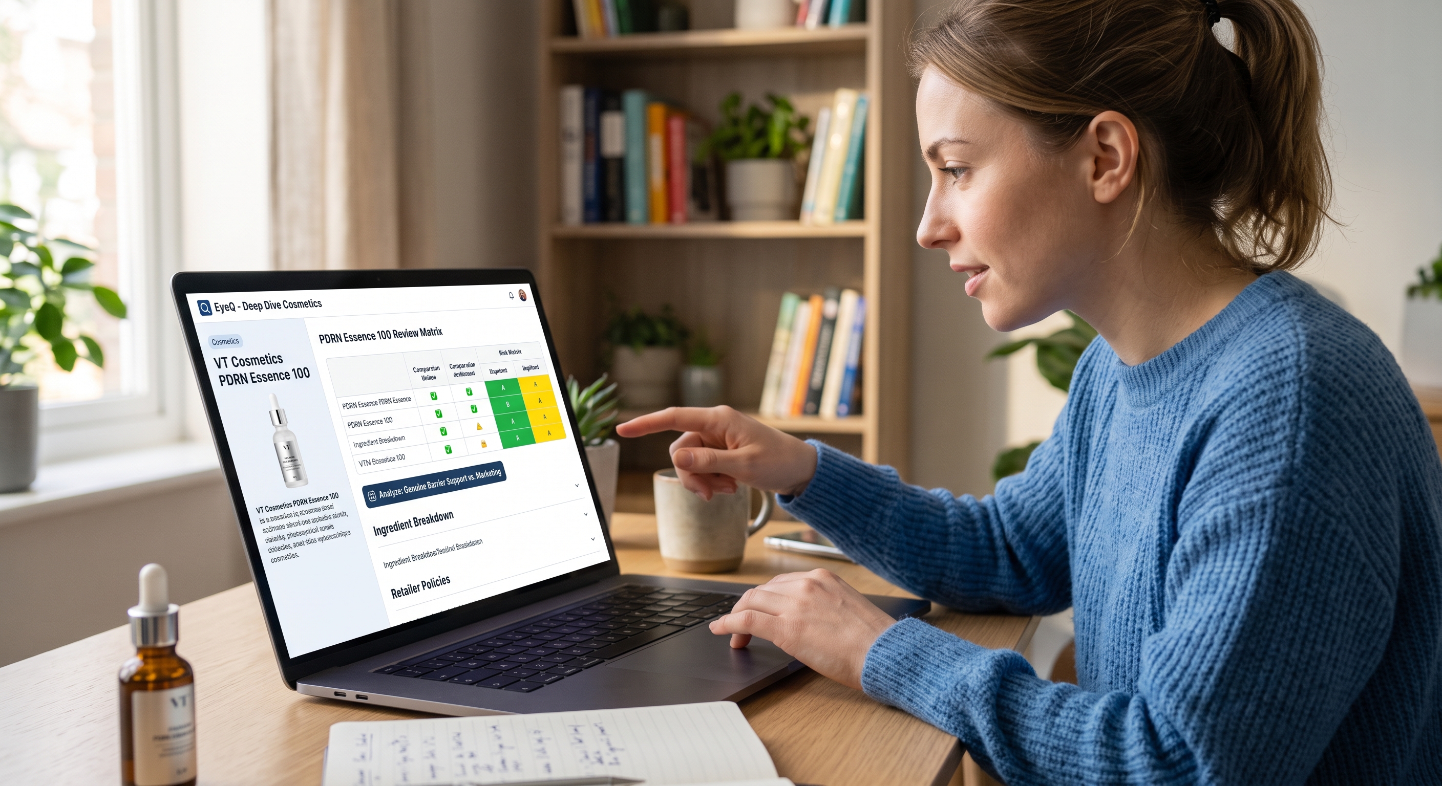 A woman pointing at a detailed product review matrix on her laptop for VT Cosmetics PDRN Essence 100.