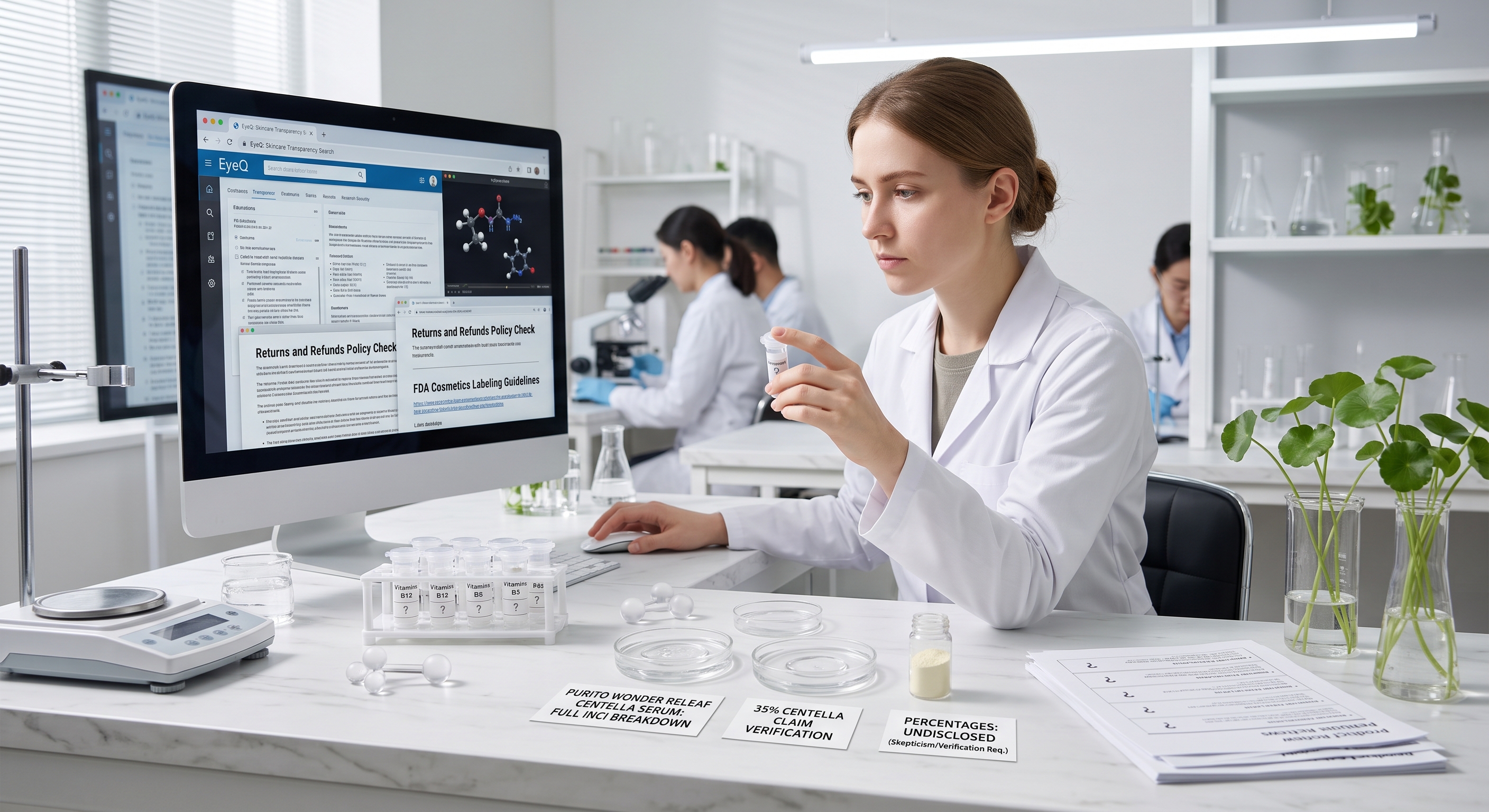 A scientist examines a Centella serum in a lab with specific verification checklists on screen and desk.