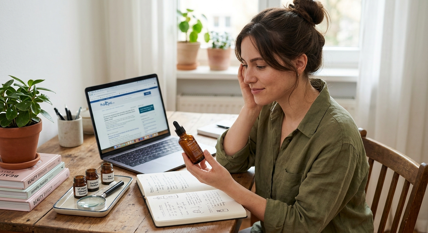 A woman sits at a desk, smiling as she holds a brown dropper bottle. A laptop and notebook are in front of her.