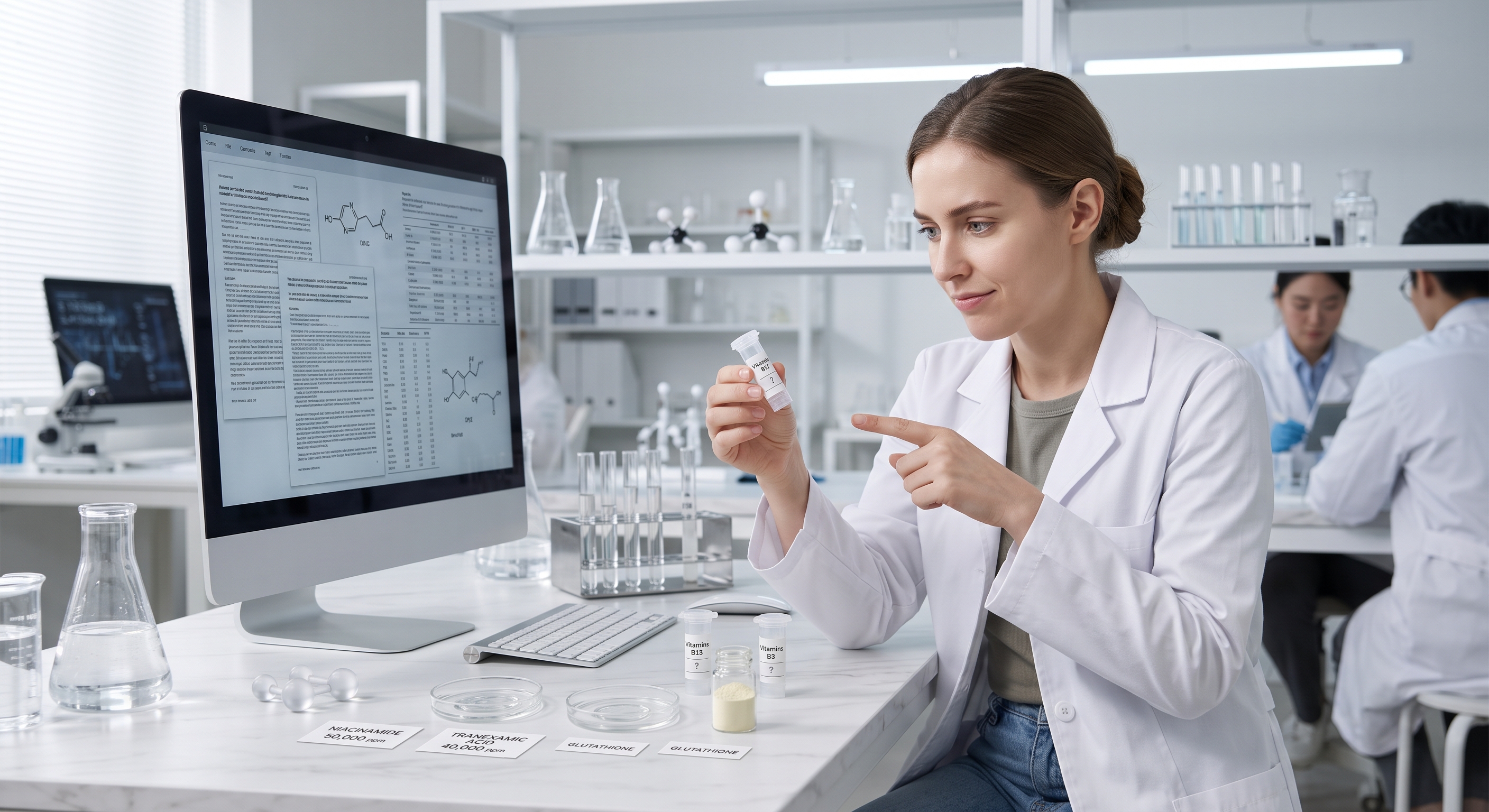 A lab researcher holds a vial and points to lab samples next to a computer displaying data.