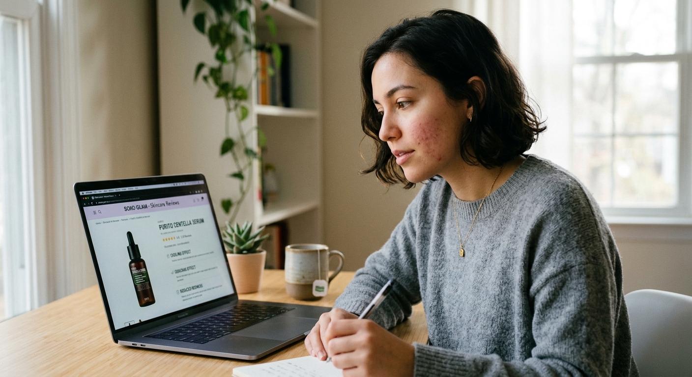 A woman with acne uses her laptop and takes notes while reviewing skincare product reviews.