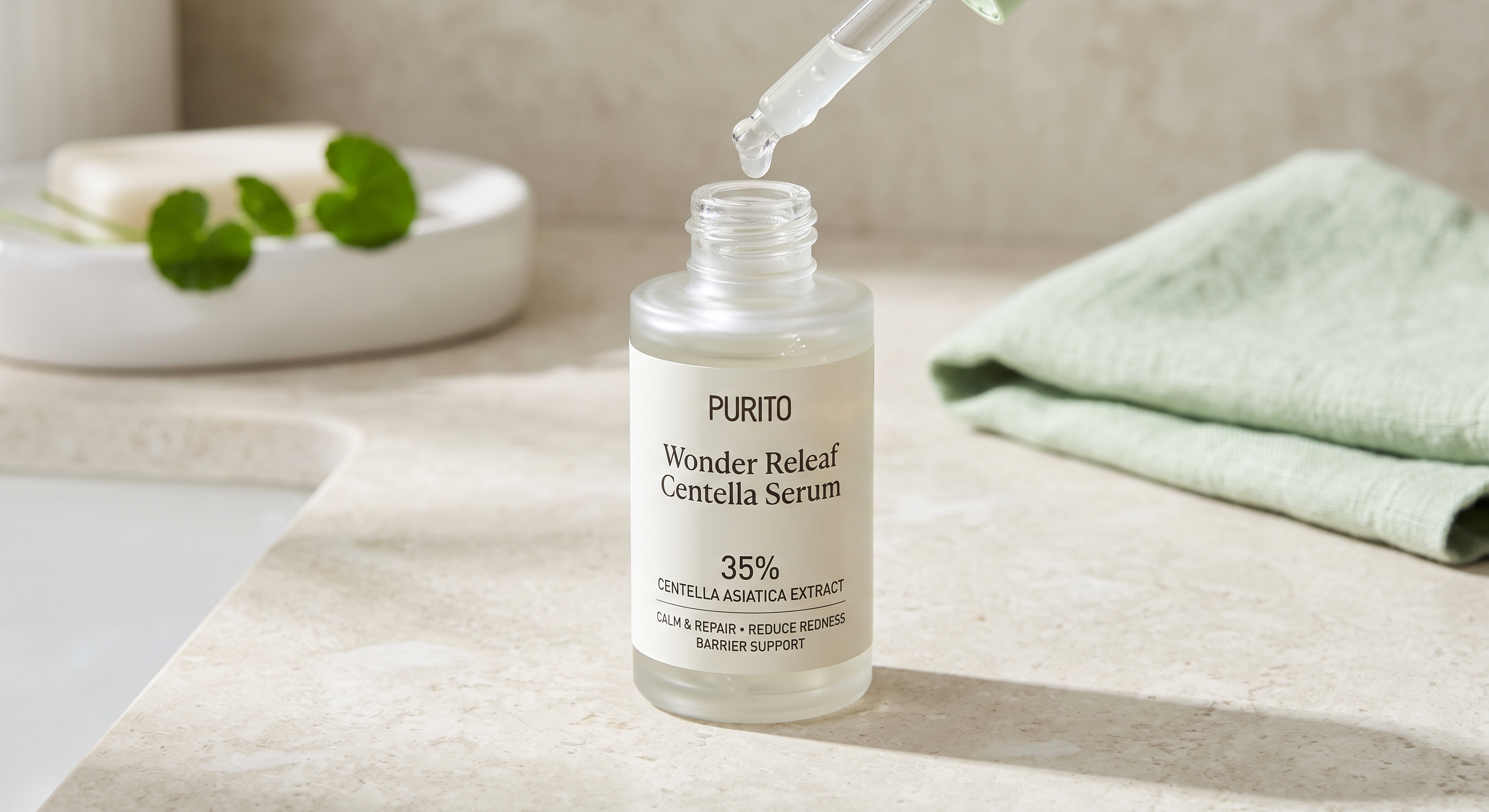 A bottle of Purito Wonder Releaf Centella Serum with 35% Centella Asiatica extract and a dropper on a stone surface.